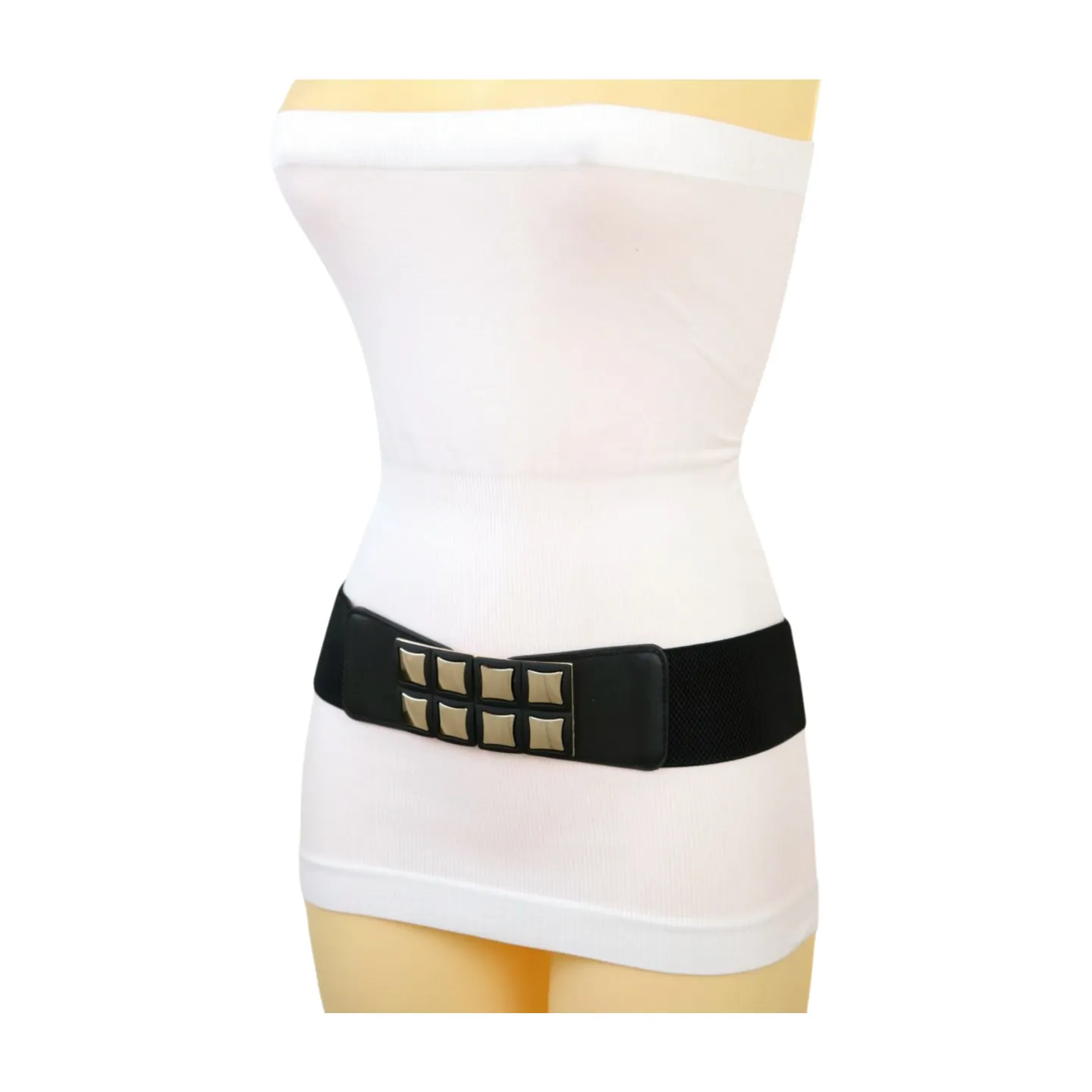 New Women Black Faux Leather Elastic Band Belt Gold Metal Mini Squares Buckle S M