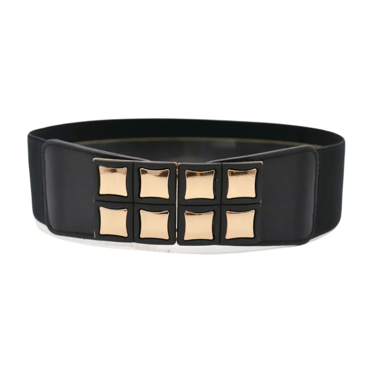 New Women Black Faux Leather Elastic Band Belt Gold Metal Mini Squares Buckle S M