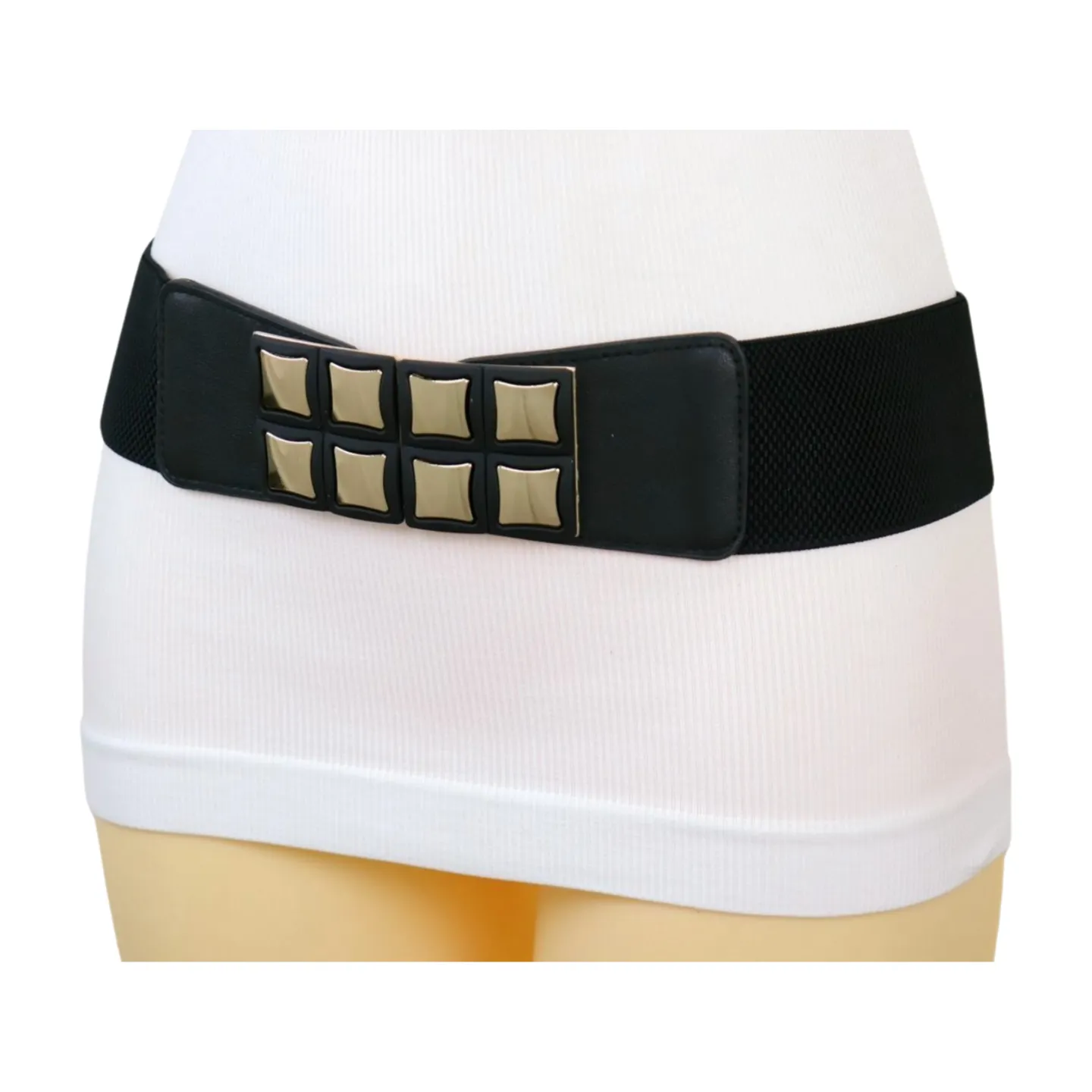 New Women Black Faux Leather Elastic Band Belt Gold Metal Mini Squares Buckle S M