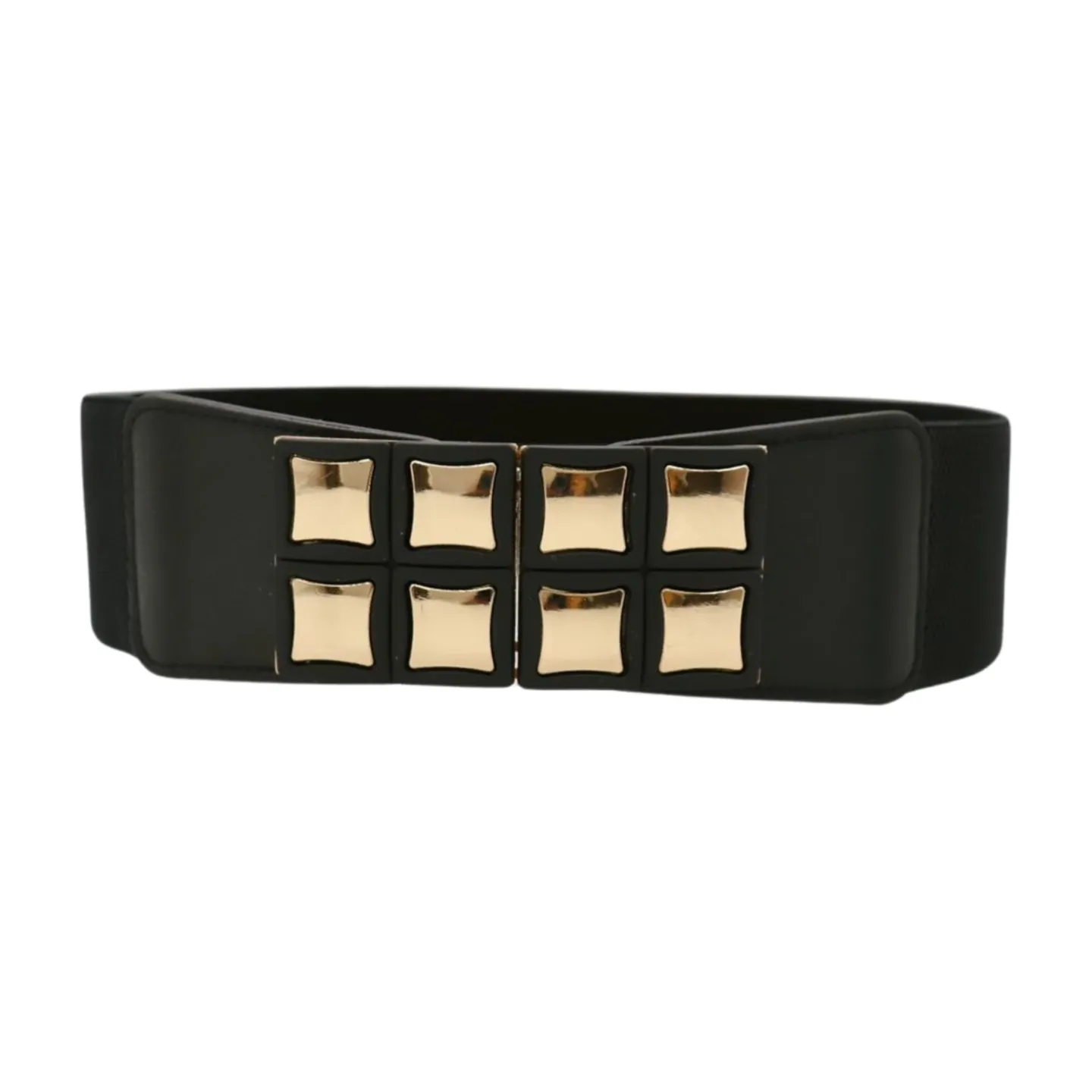 New Women Black Faux Leather Elastic Band Belt Gold Metal Mini Squares Buckle S M