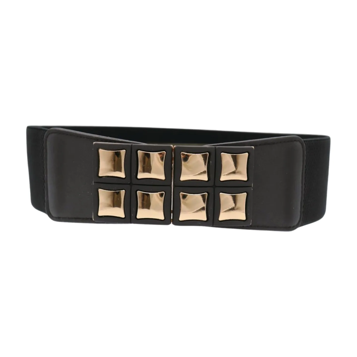 New Women Black Faux Leather Elastic Band Belt Gold Metal Mini Squares Buckle S M