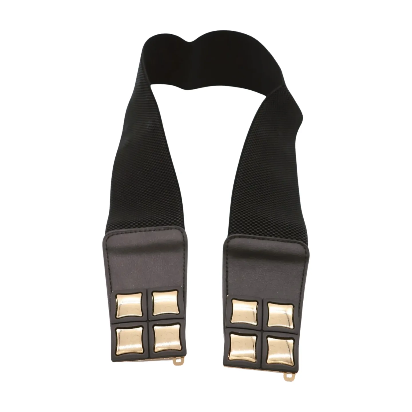 New Women Black Faux Leather Elastic Band Belt Gold Metal Mini Squares Buckle S M