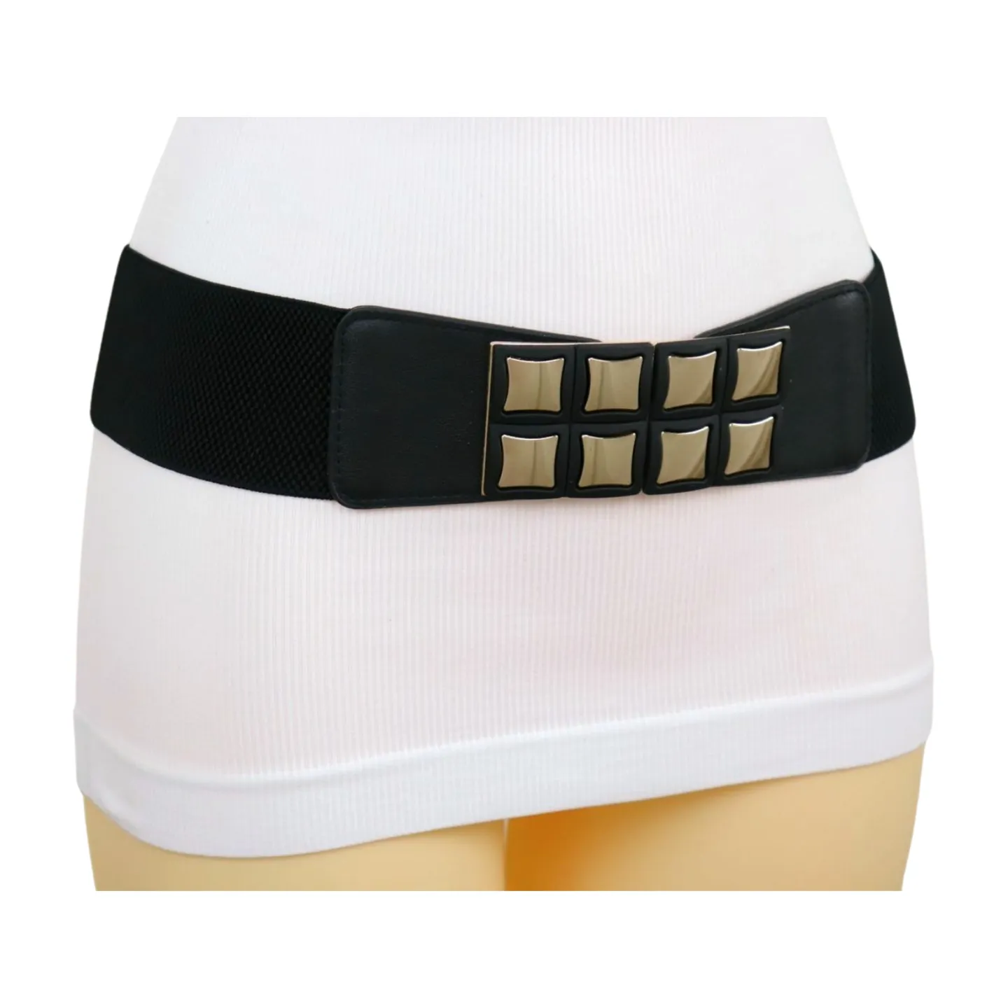 New Women Black Faux Leather Elastic Band Belt Gold Metal Mini Squares Buckle S M