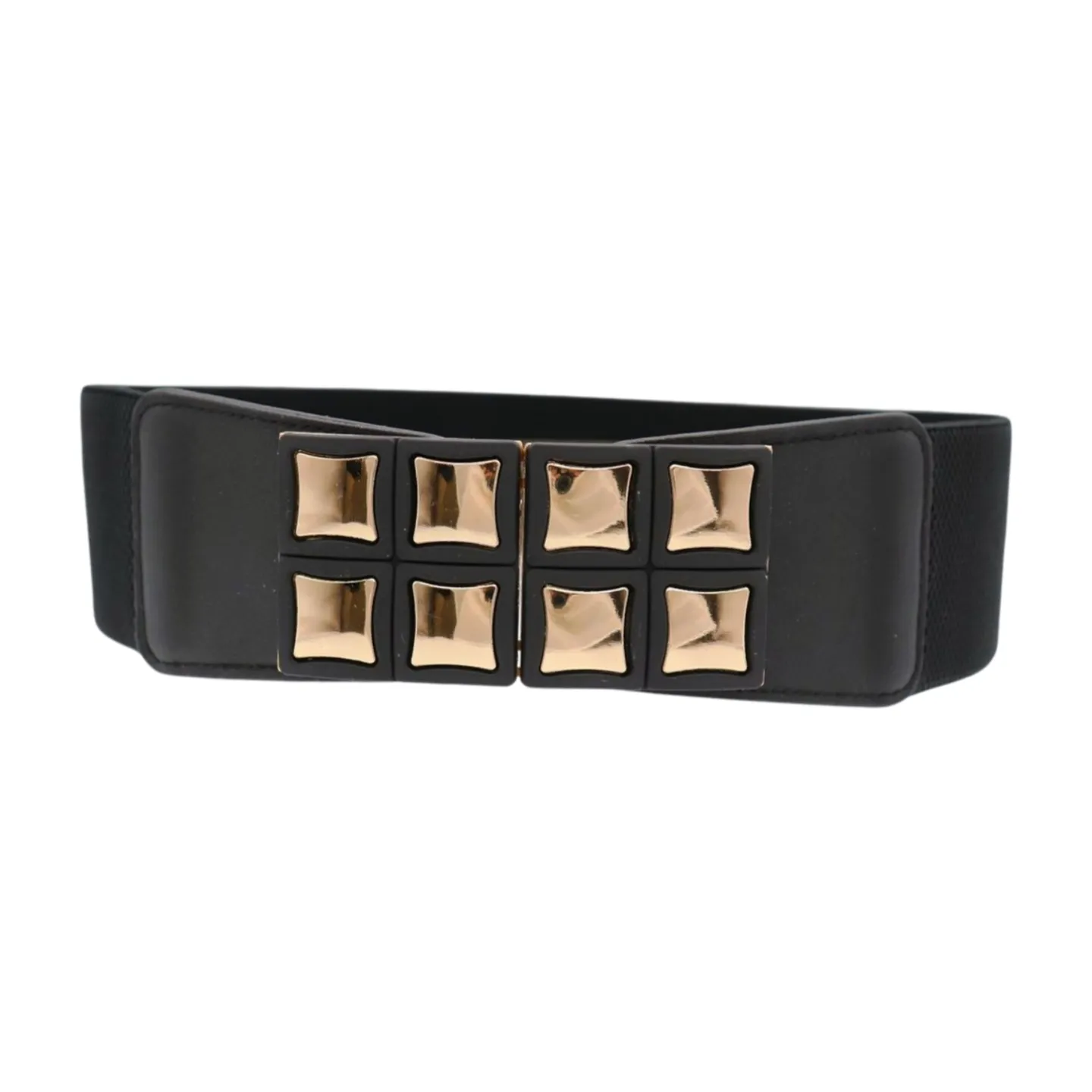 New Women Black Faux Leather Elastic Band Belt Gold Metal Mini Squares Buckle S M