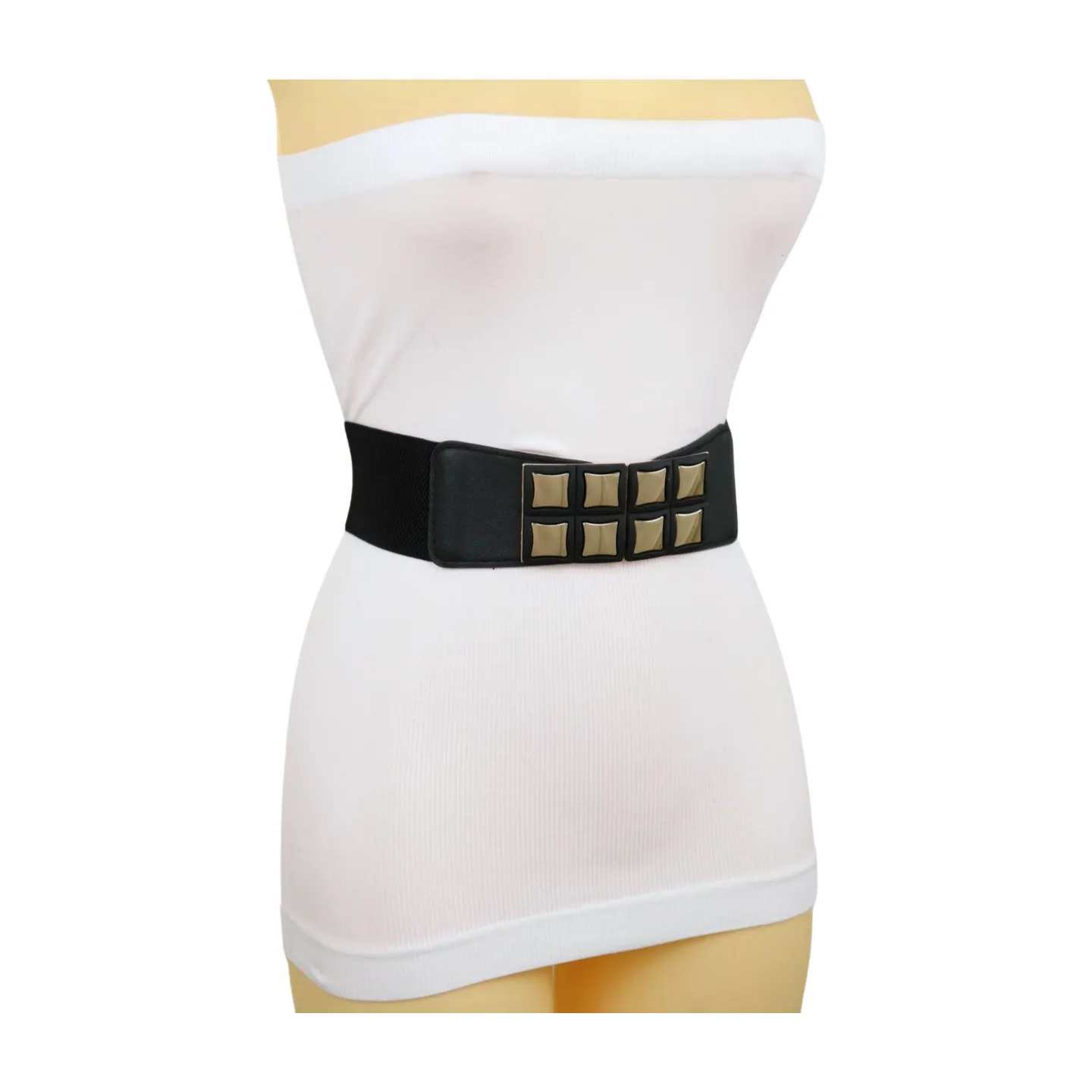 New Women Black Faux Leather Elastic Band Belt Gold Metal Mini Squares Buckle S M