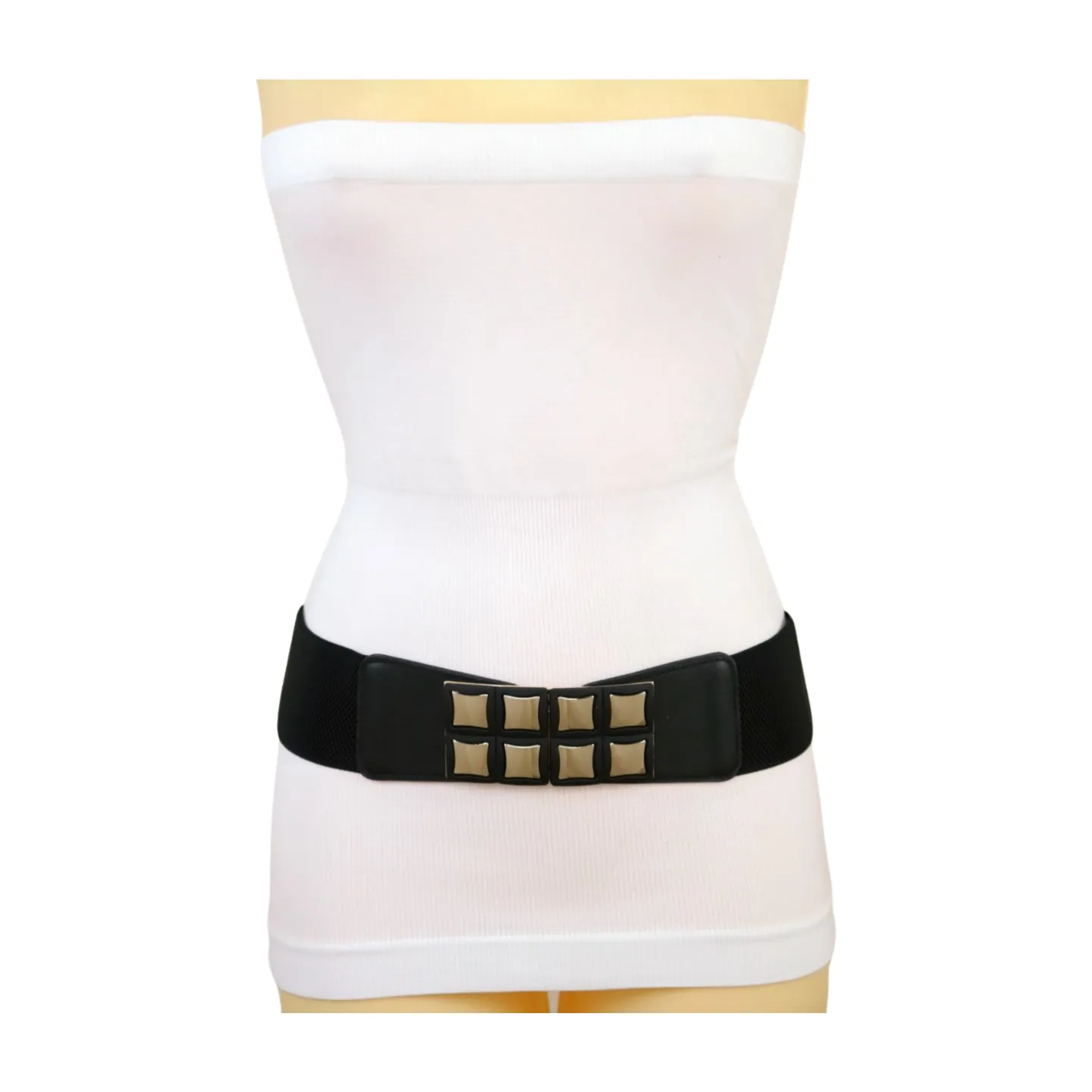 New Women Black Faux Leather Elastic Band Belt Gold Metal Mini Squares Buckle S M