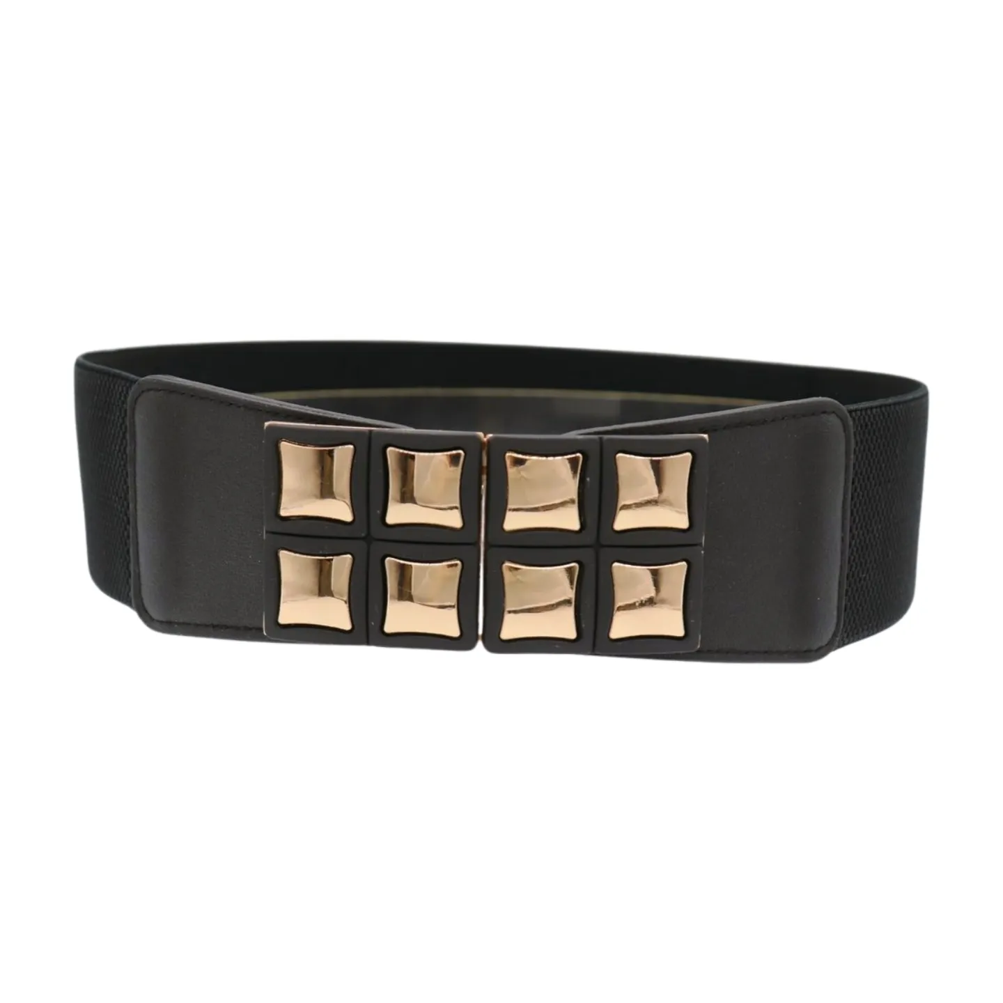 New Women Black Faux Leather Elastic Band Belt Gold Metal Mini Squares Buckle S M