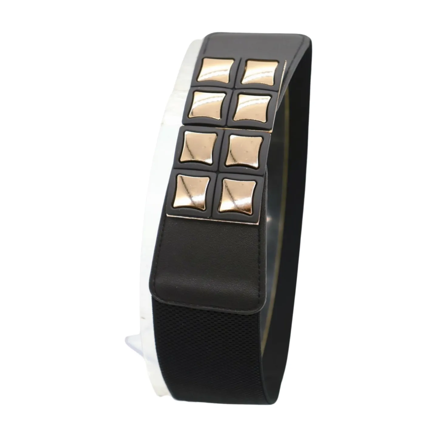 New Women Black Faux Leather Elastic Band Belt Gold Metal Mini Squares Buckle S M