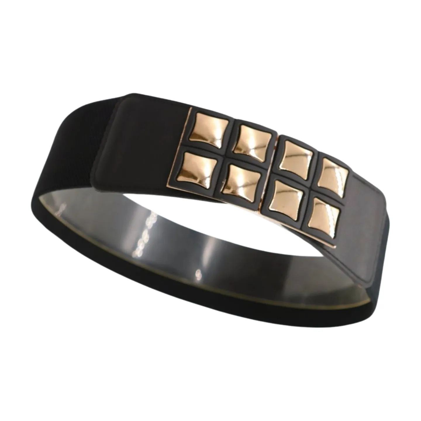 New Women Black Faux Leather Elastic Band Belt Gold Metal Mini Squares Buckle S M