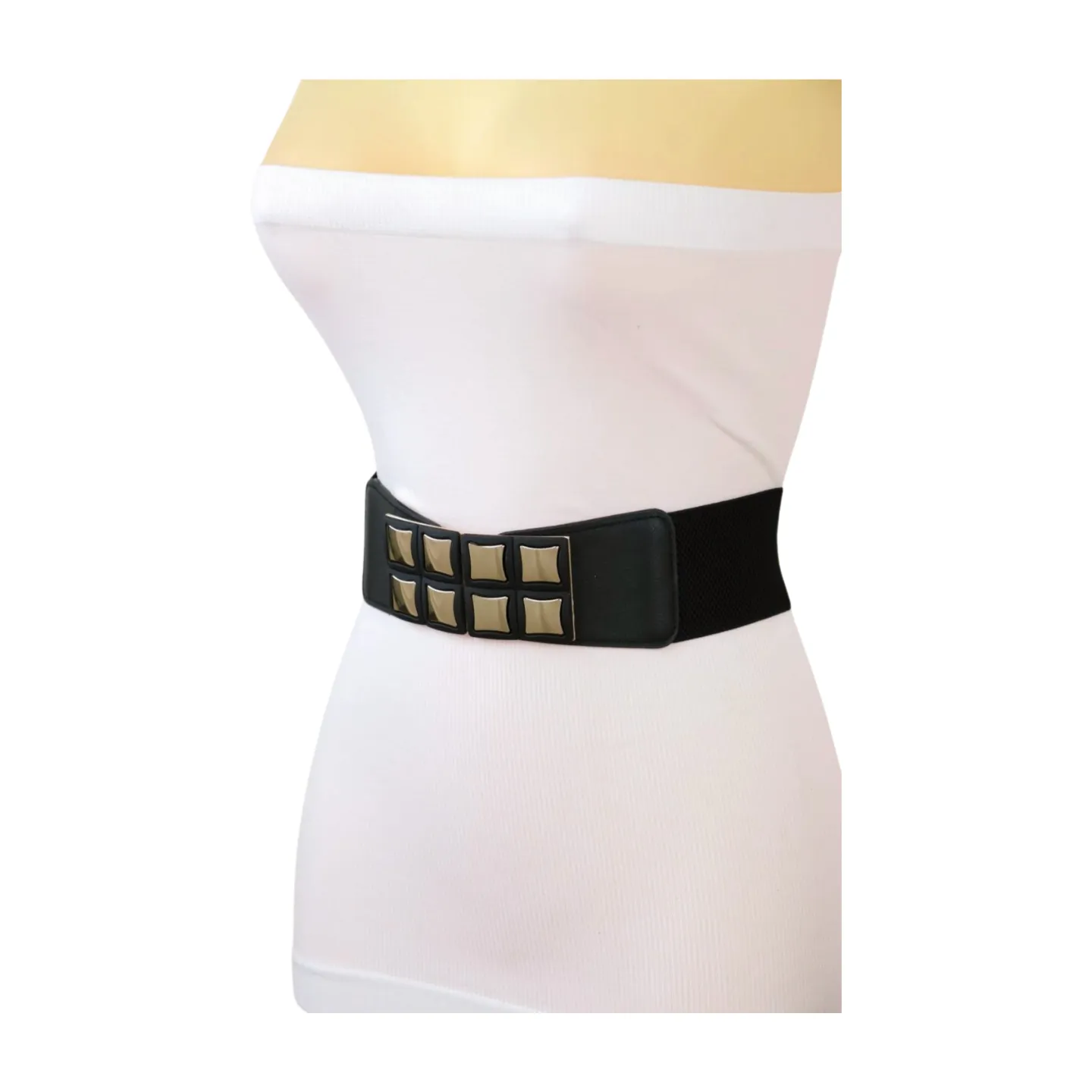 New Women Black Faux Leather Elastic Band Belt Gold Metal Mini Squares Buckle S M