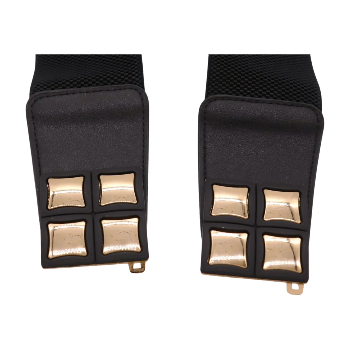 New Women Black Faux Leather Elastic Band Belt Gold Metal Mini Squares Buckle S M