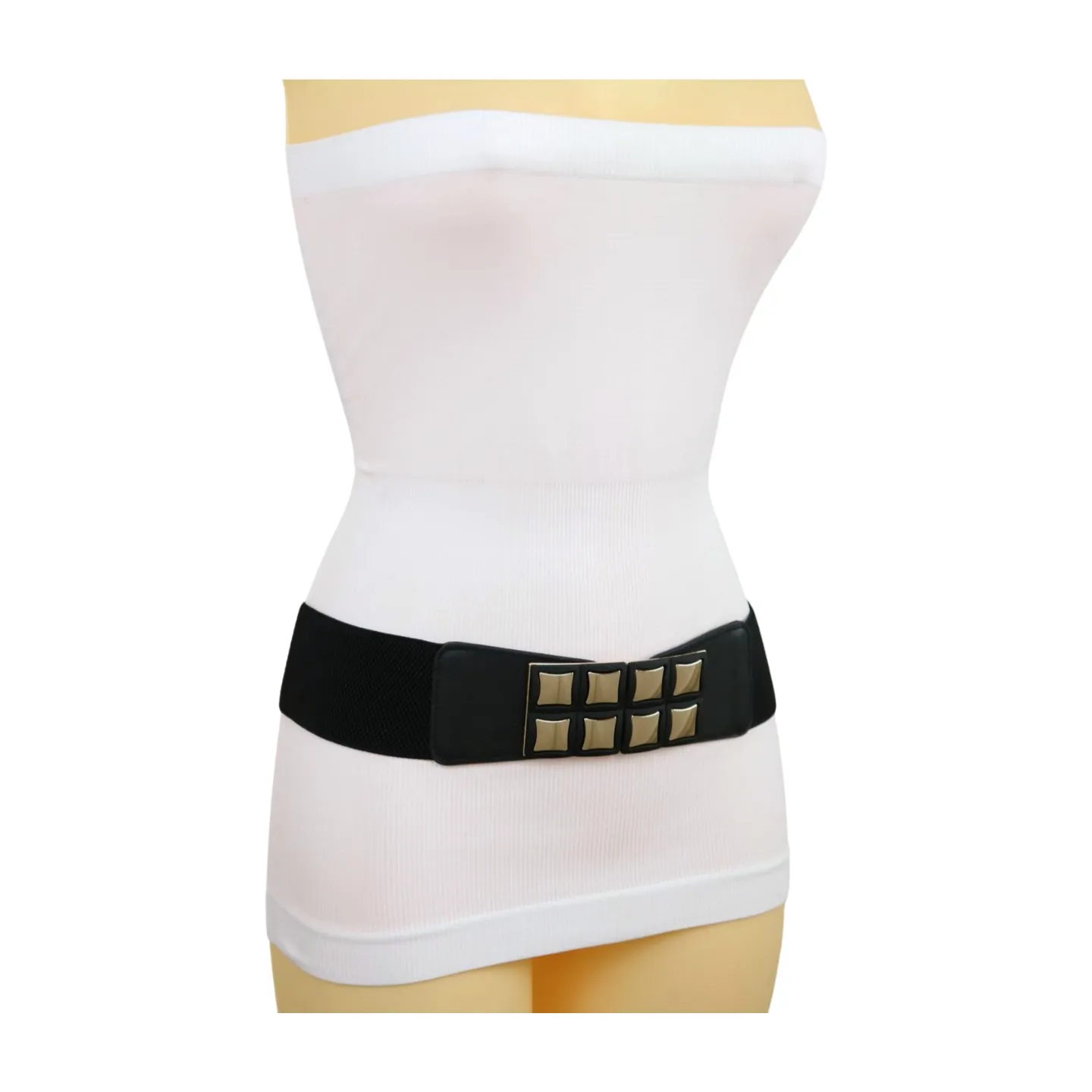 New Women Black Faux Leather Elastic Band Belt Gold Metal Mini Squares Buckle S M
