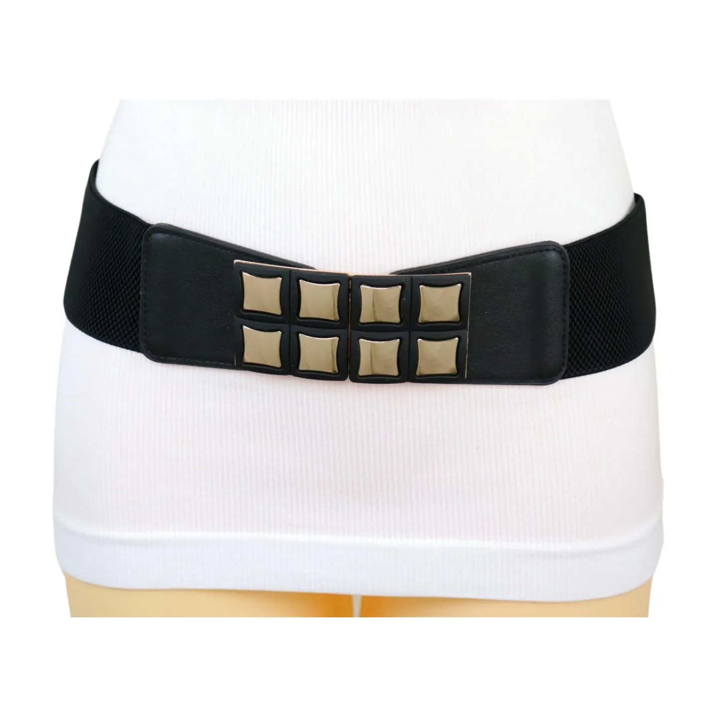 New Women Black Faux Leather Elastic Band Belt Gold Metal Mini Squares Buckle S M
