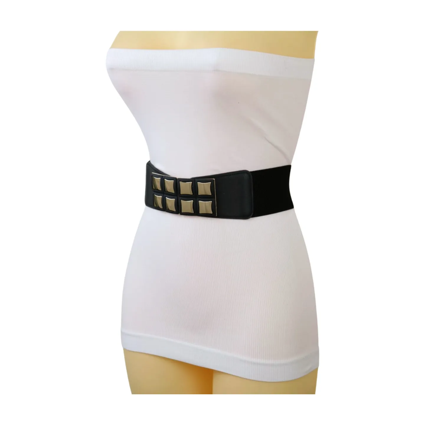 New Women Black Faux Leather Elastic Band Belt Gold Metal Mini Squares Buckle S M