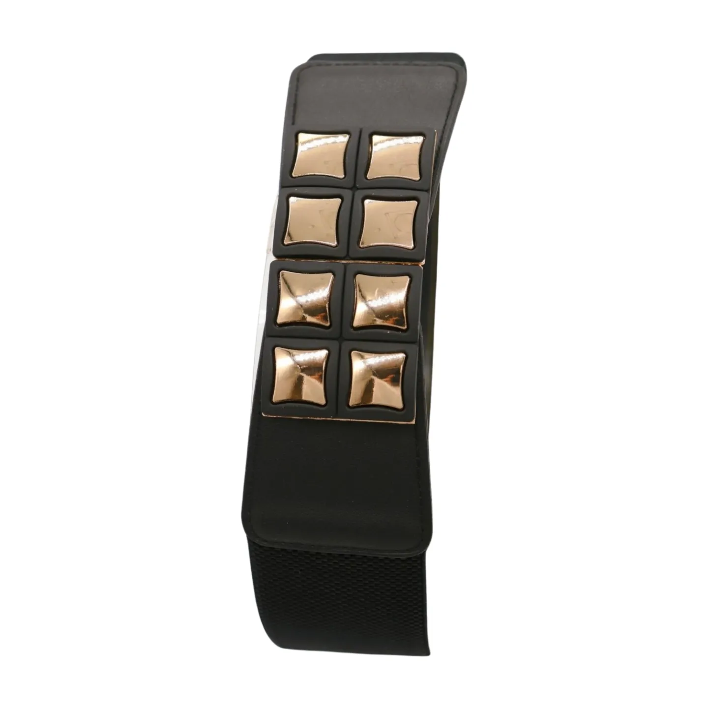 New Women Black Faux Leather Elastic Band Belt Gold Metal Mini Squares Buckle S M