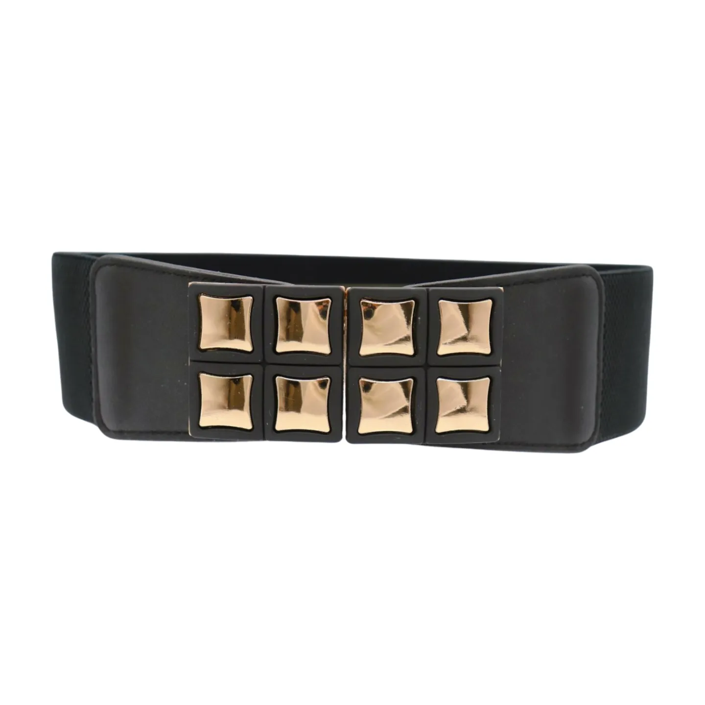 New Women Black Faux Leather Elastic Band Belt Gold Metal Mini Squares Buckle S M