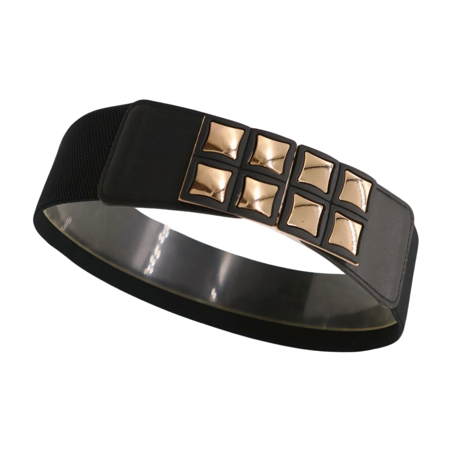 New Women Black Faux Leather Elastic Band Belt Gold Metal Mini Squares Buckle S M