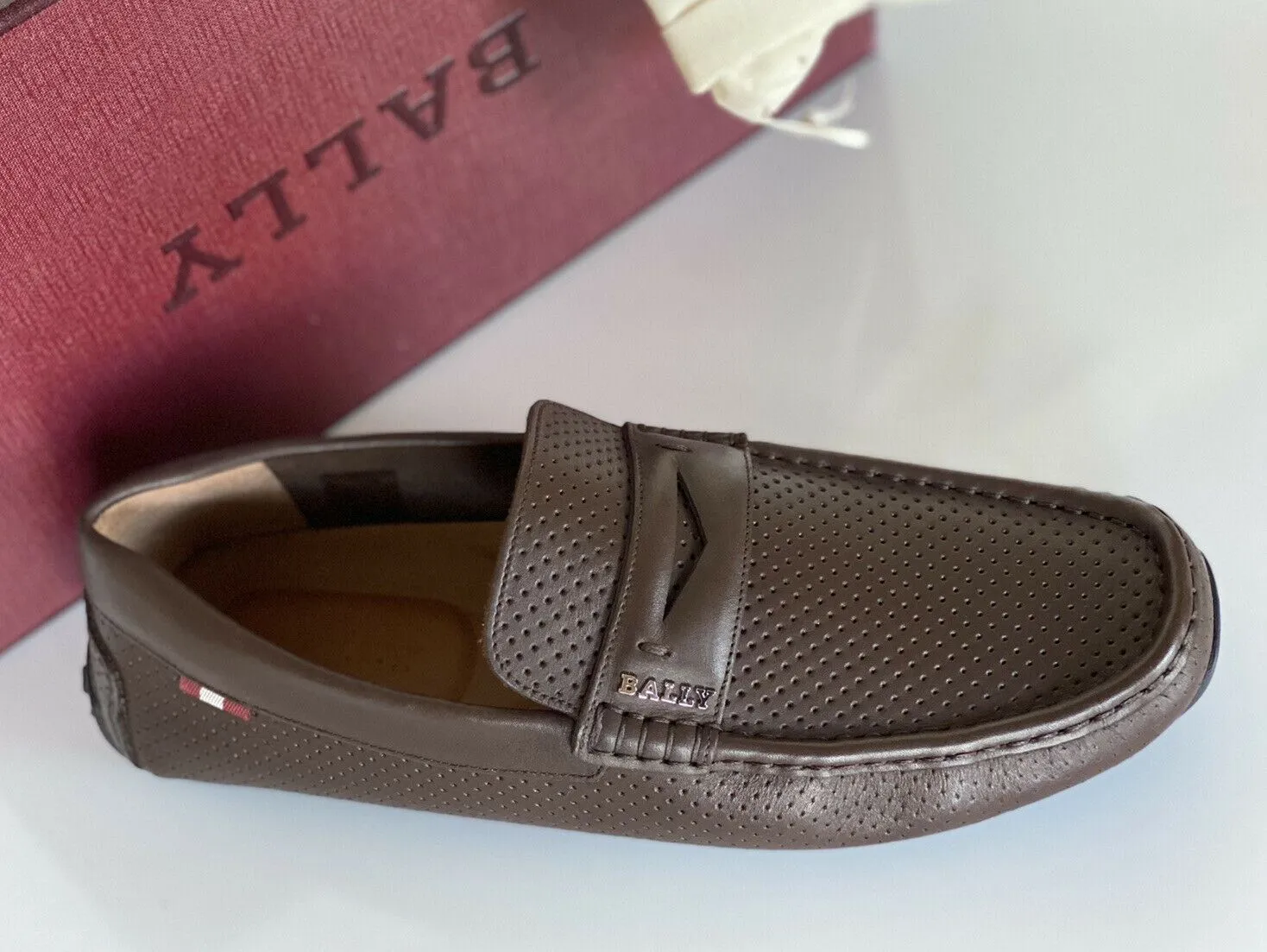 NIB Bally Mens Perforated Calf Leather Driver Loafers Shoes Coconut 8 US 6231354
