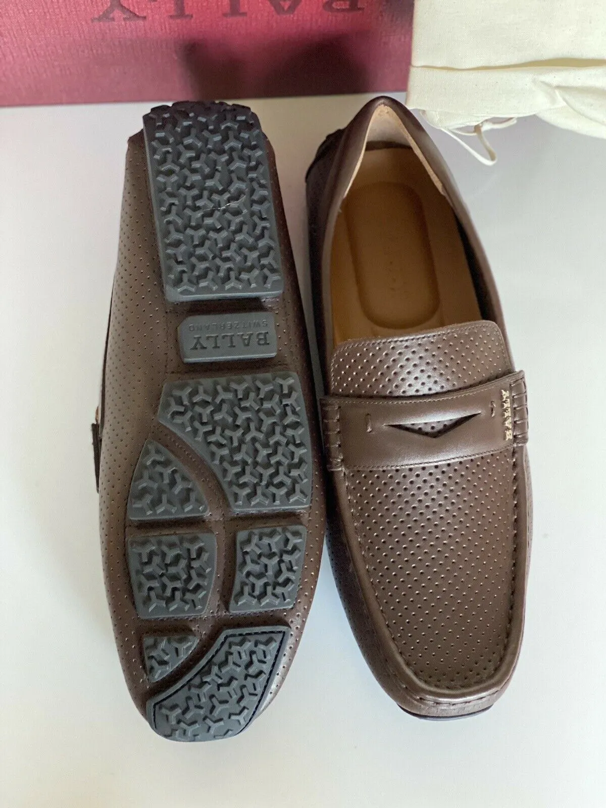 NIB Bally Mens Perforated Calf Leather Driver Loafers Shoes Coconut 8 US 6231354