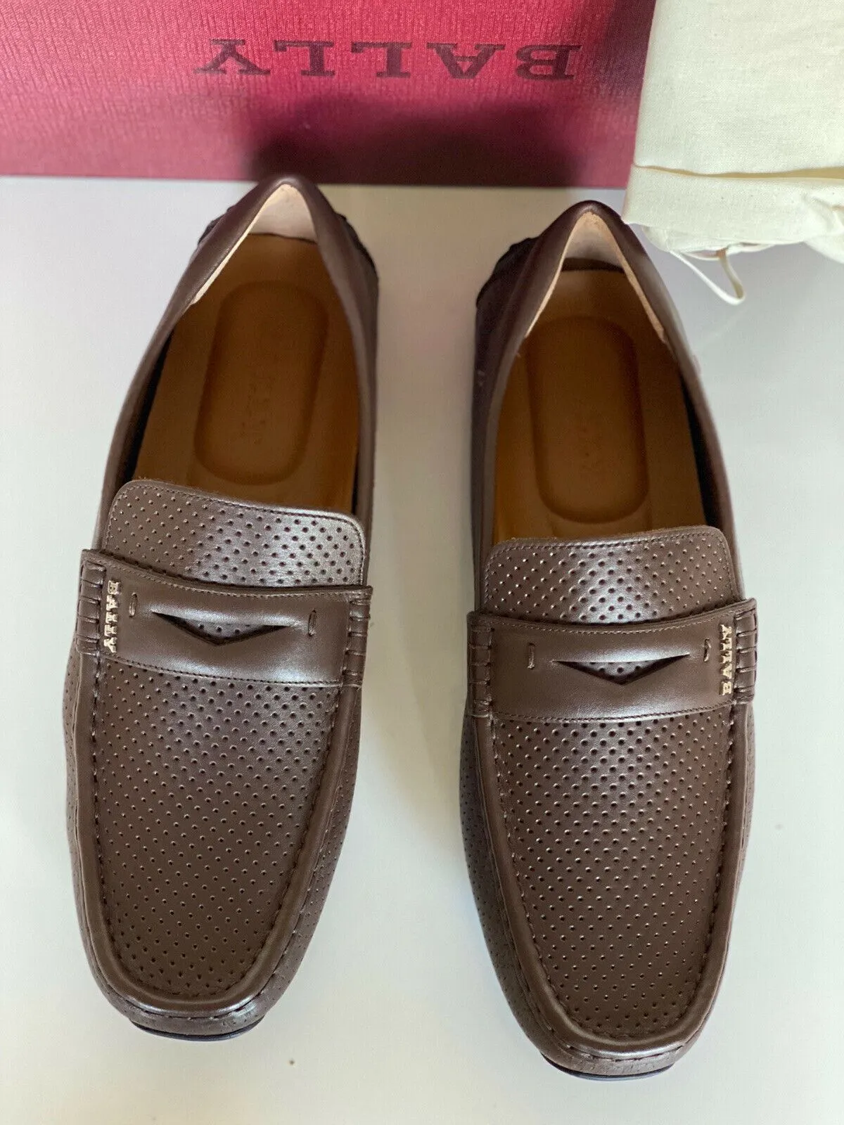 NIB Bally Mens Perforated Calf Leather Driver Loafers Shoes Coconut 8 US 6231354