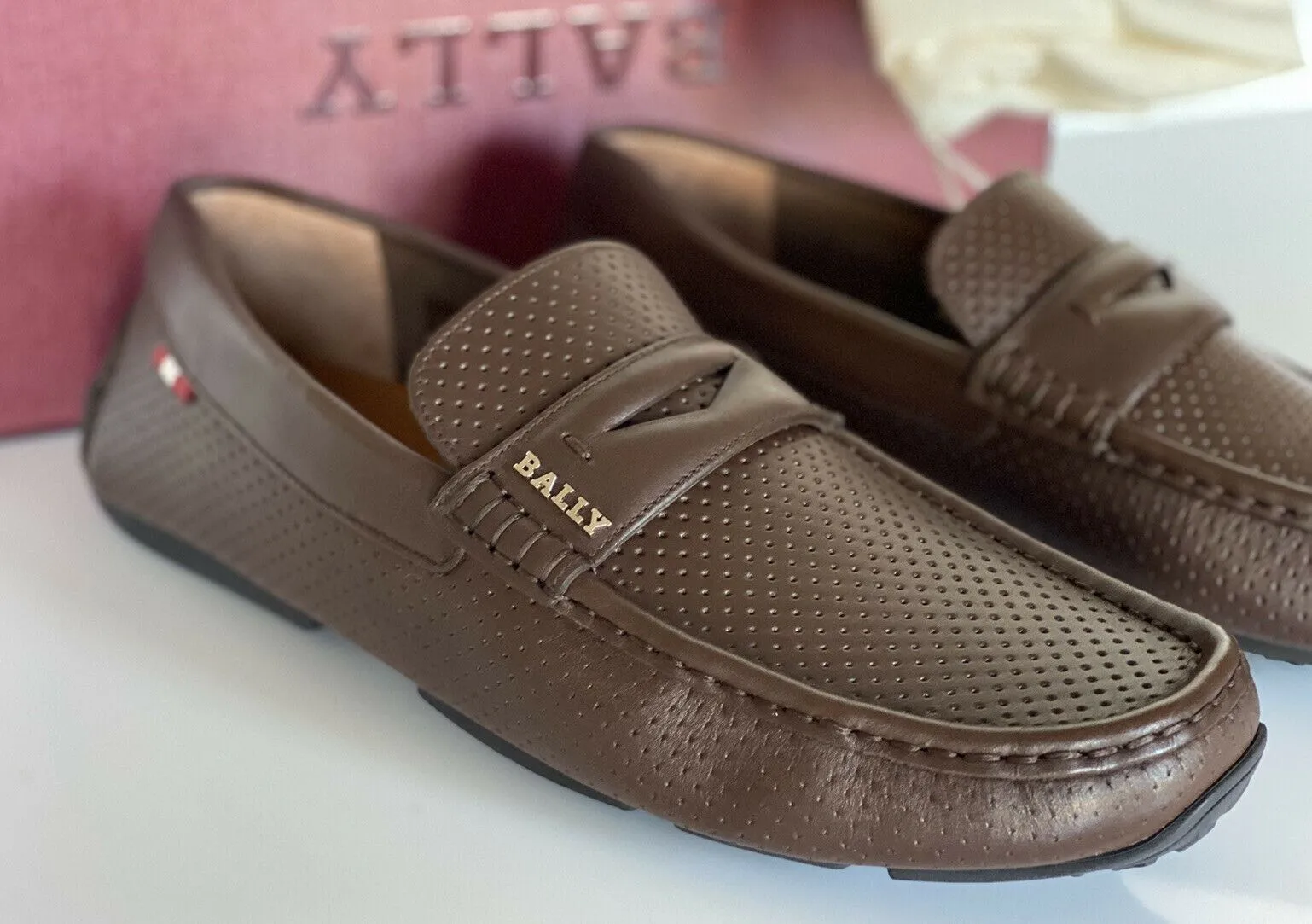 NIB Bally Mens Perforated Calf Leather Driver Loafers Shoes Coconut 8 US 6231354