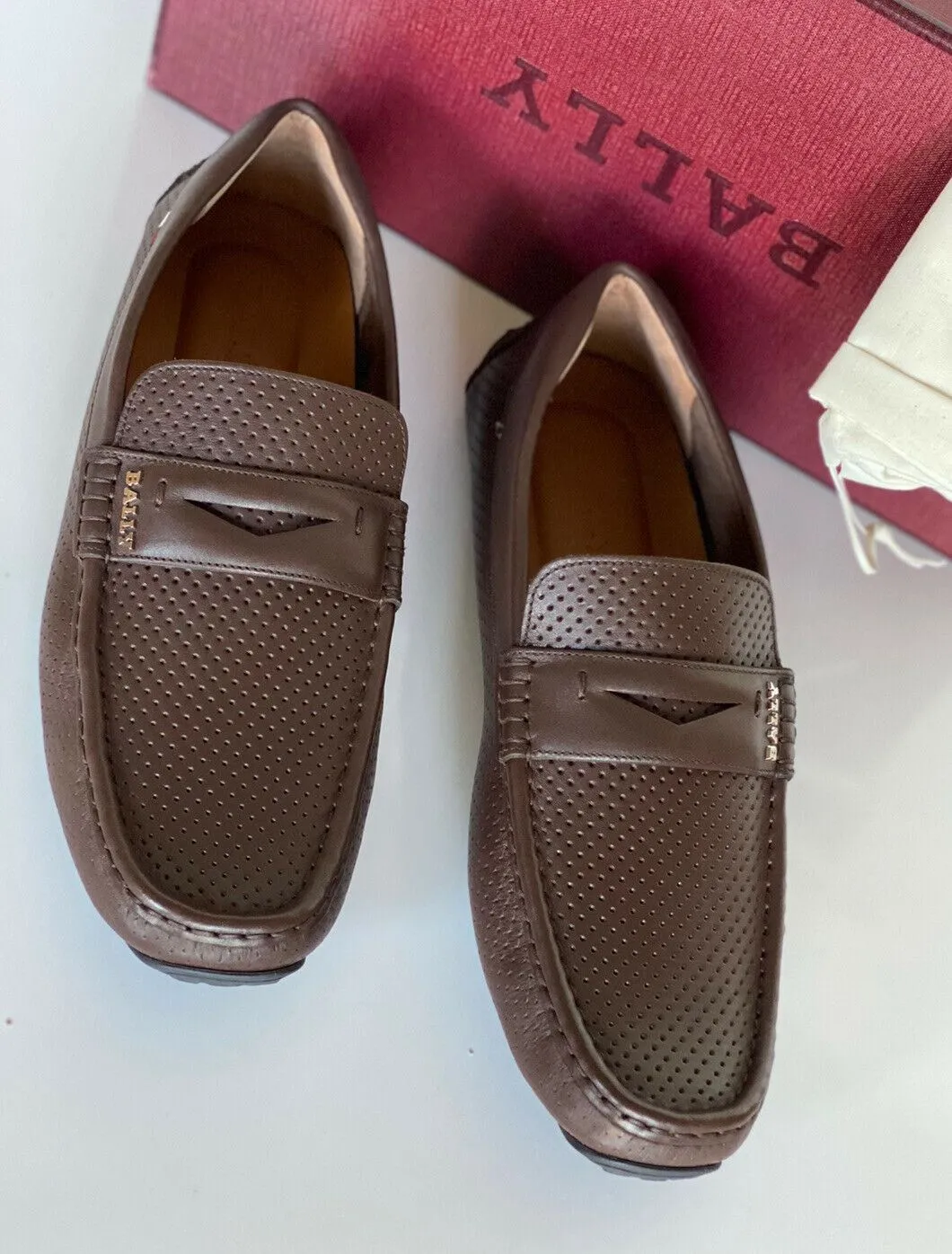 NIB Bally Mens Perforated Calf Leather Driver Loafers Shoes Coconut 8 US 6231354