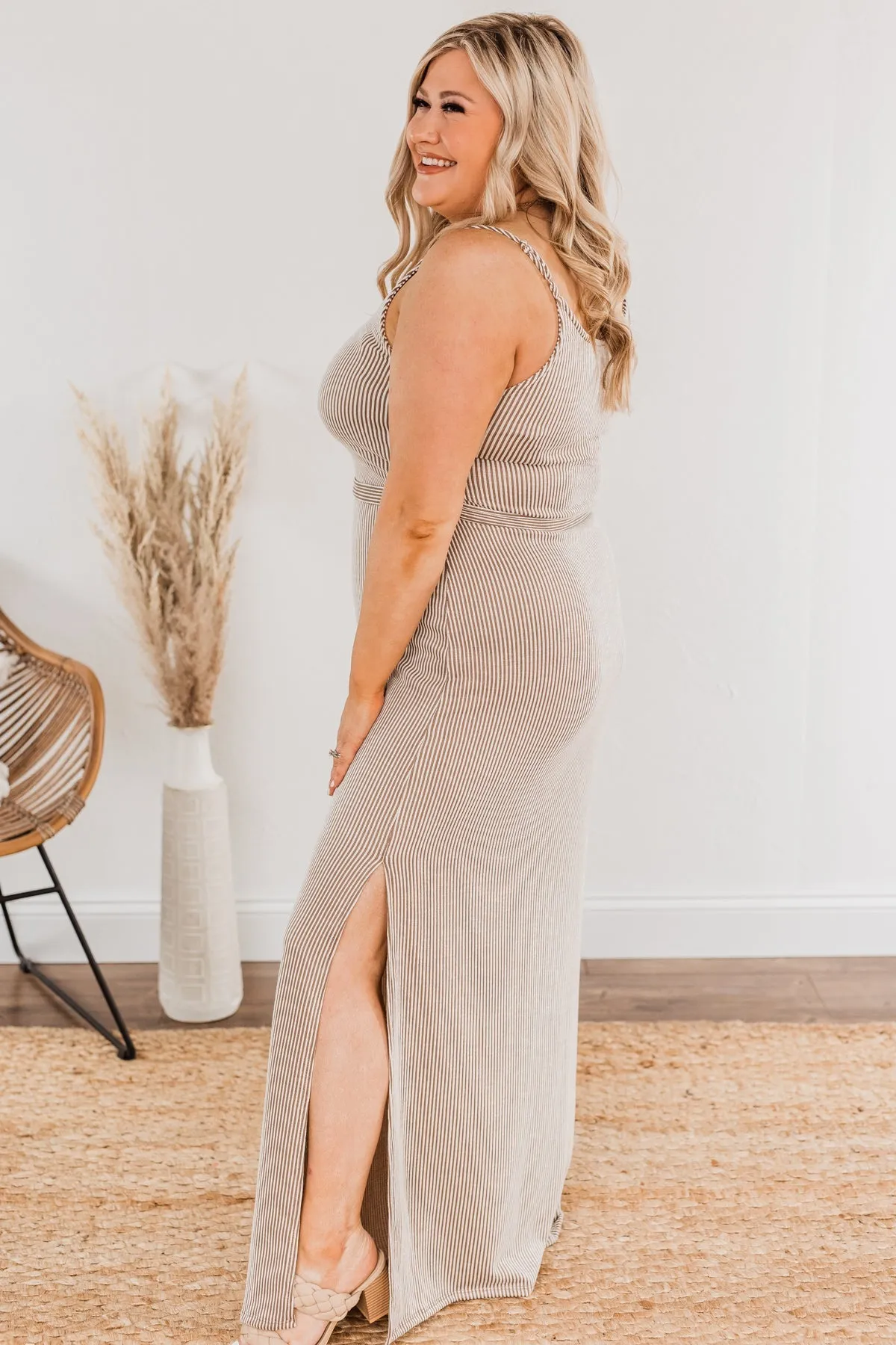 Ocean Tides Stripe Maxi Dress- Taupe & Ivory