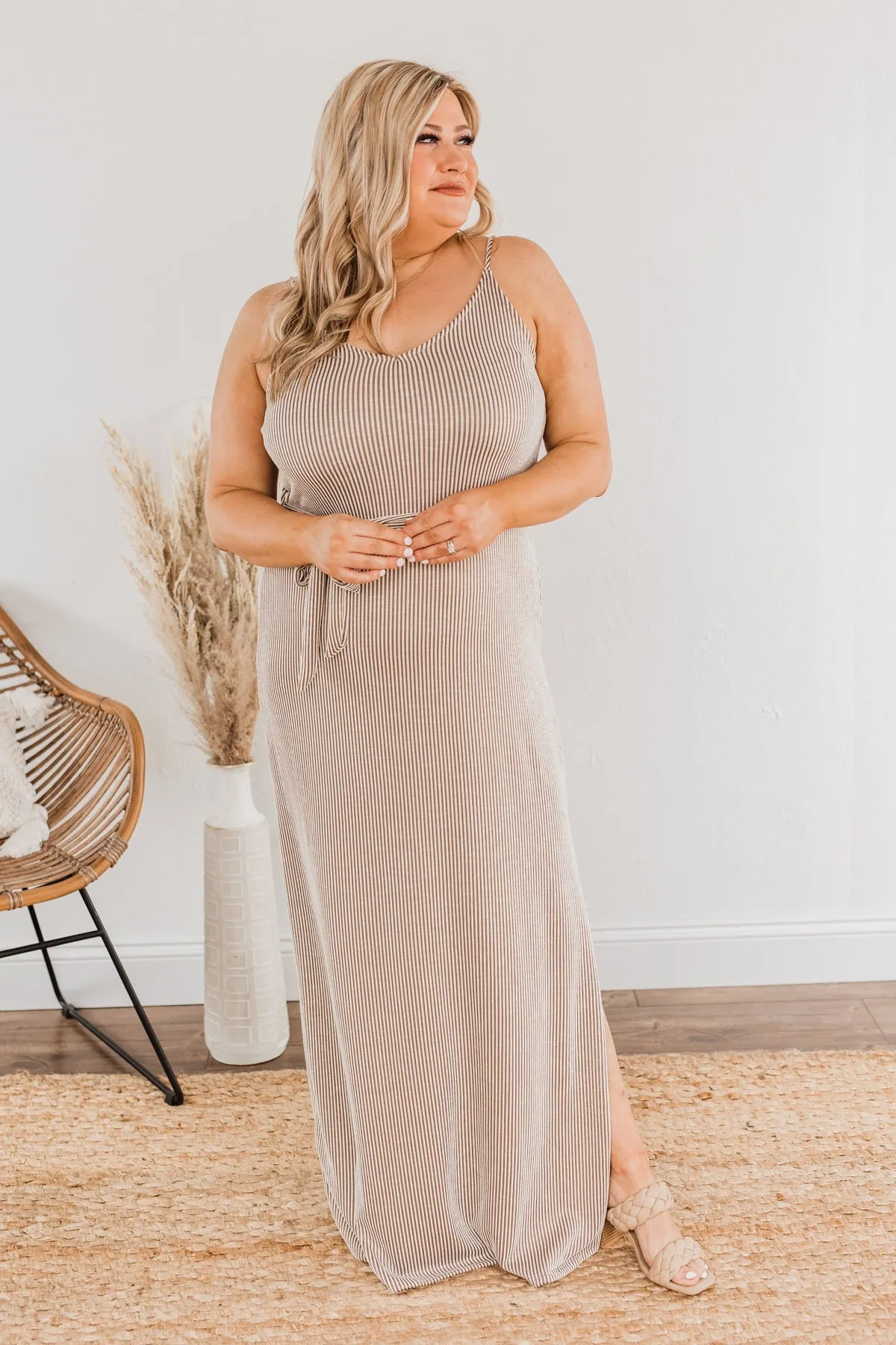 Ocean Tides Stripe Maxi Dress- Taupe & Ivory