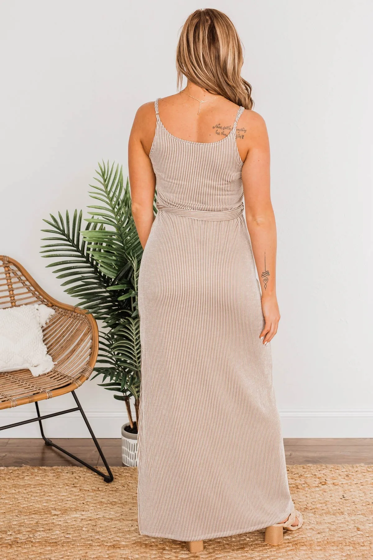 Ocean Tides Stripe Maxi Dress- Taupe & Ivory