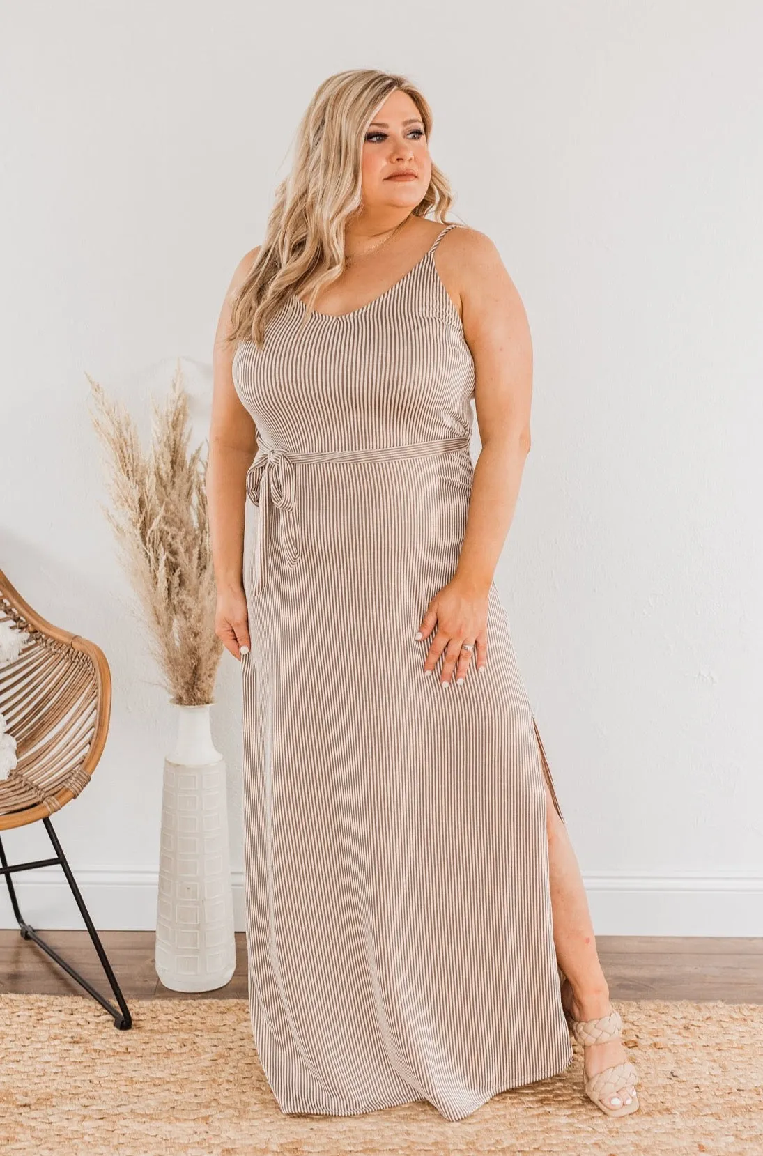 Ocean Tides Stripe Maxi Dress- Taupe & Ivory