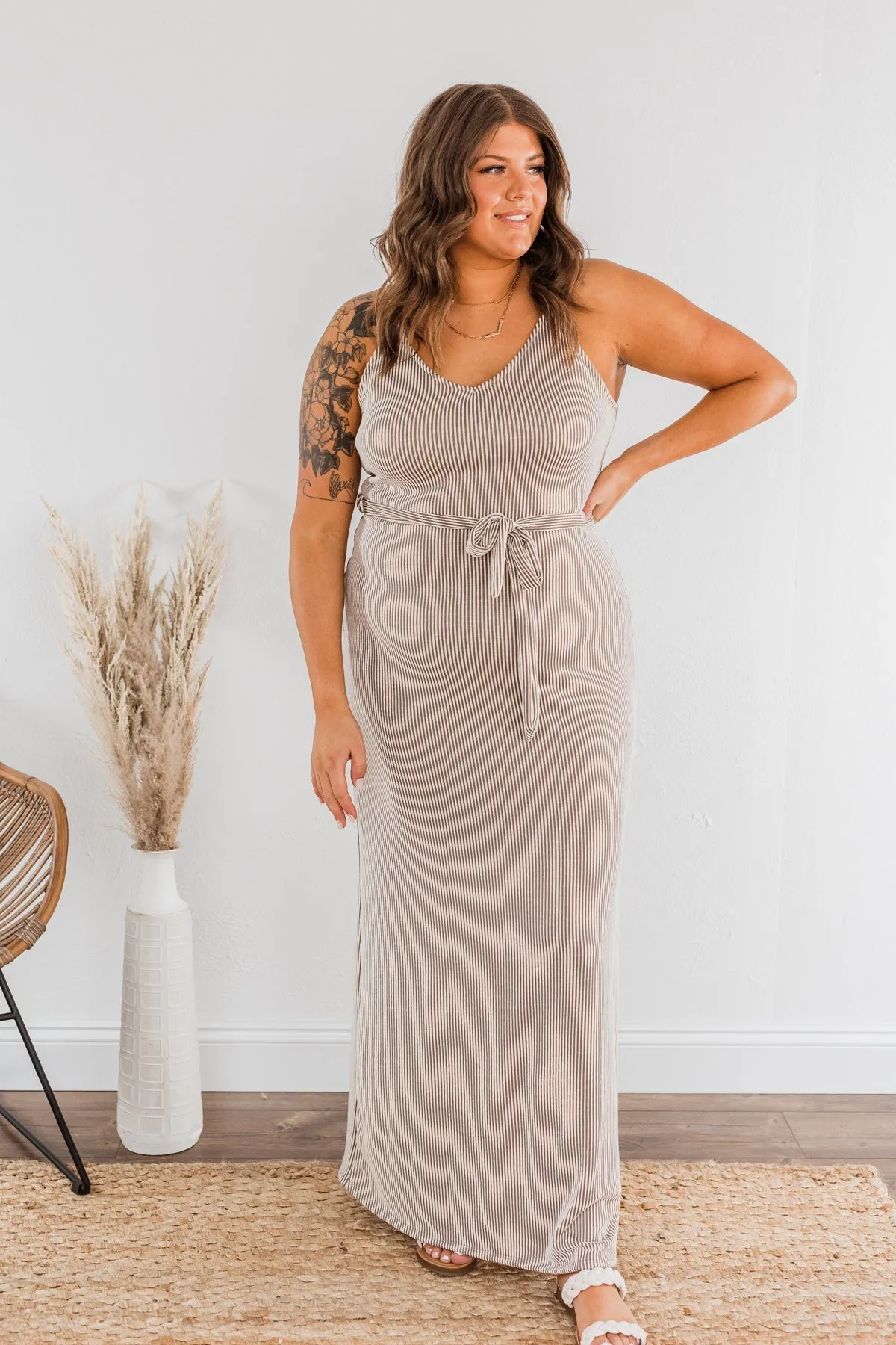 Ocean Tides Stripe Maxi Dress- Taupe & Ivory