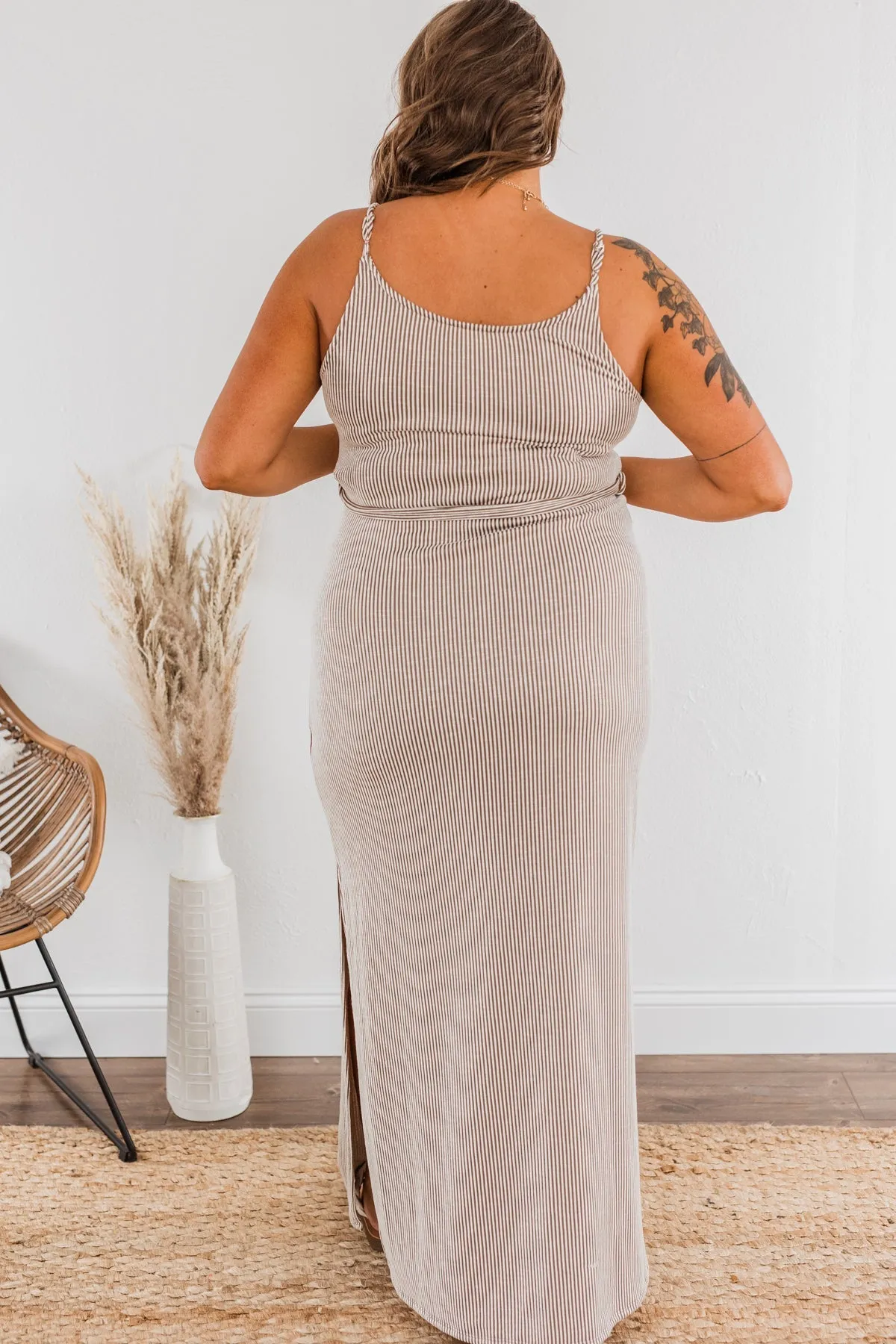 Ocean Tides Stripe Maxi Dress- Taupe & Ivory