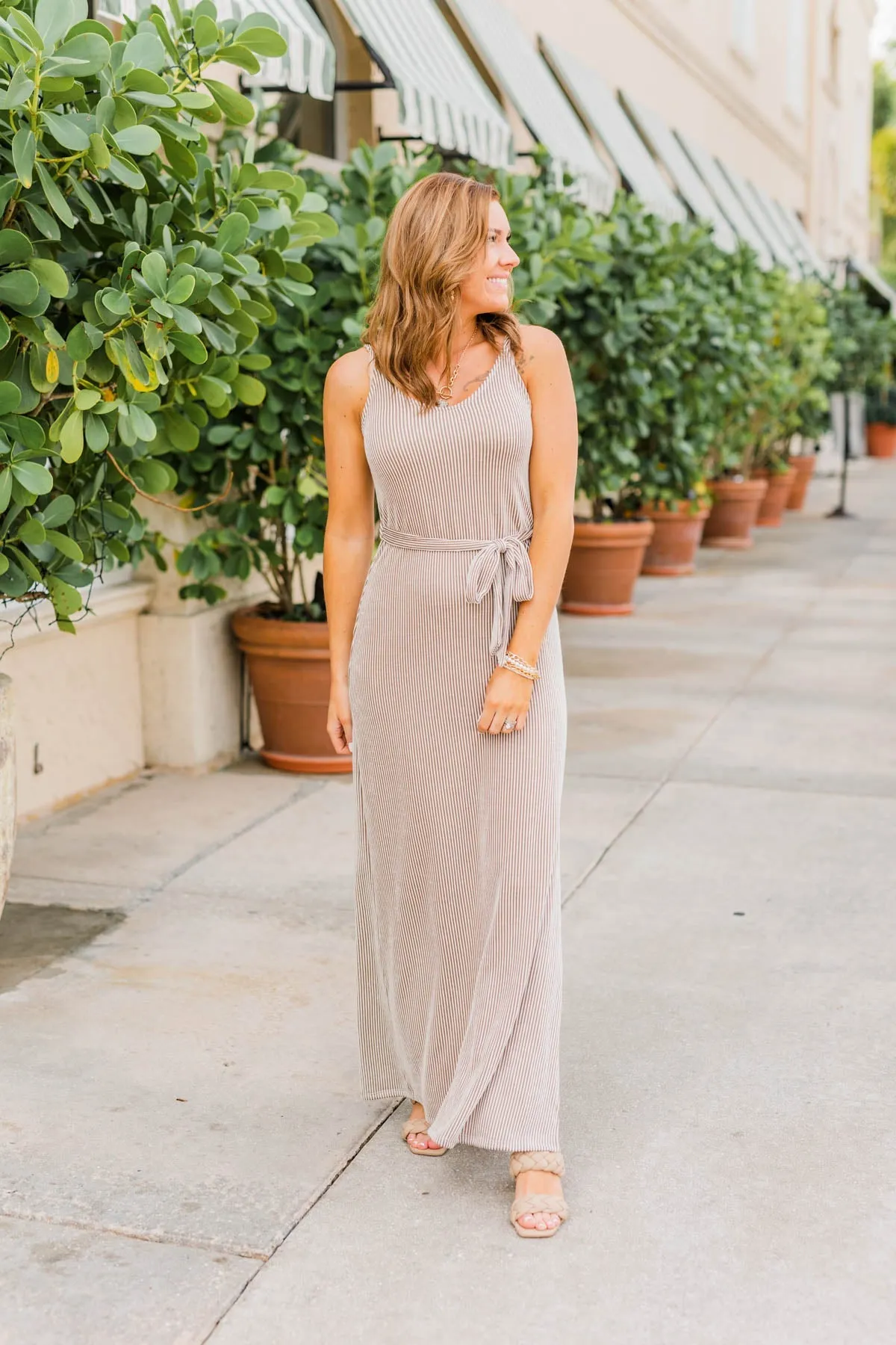Ocean Tides Stripe Maxi Dress- Taupe & Ivory