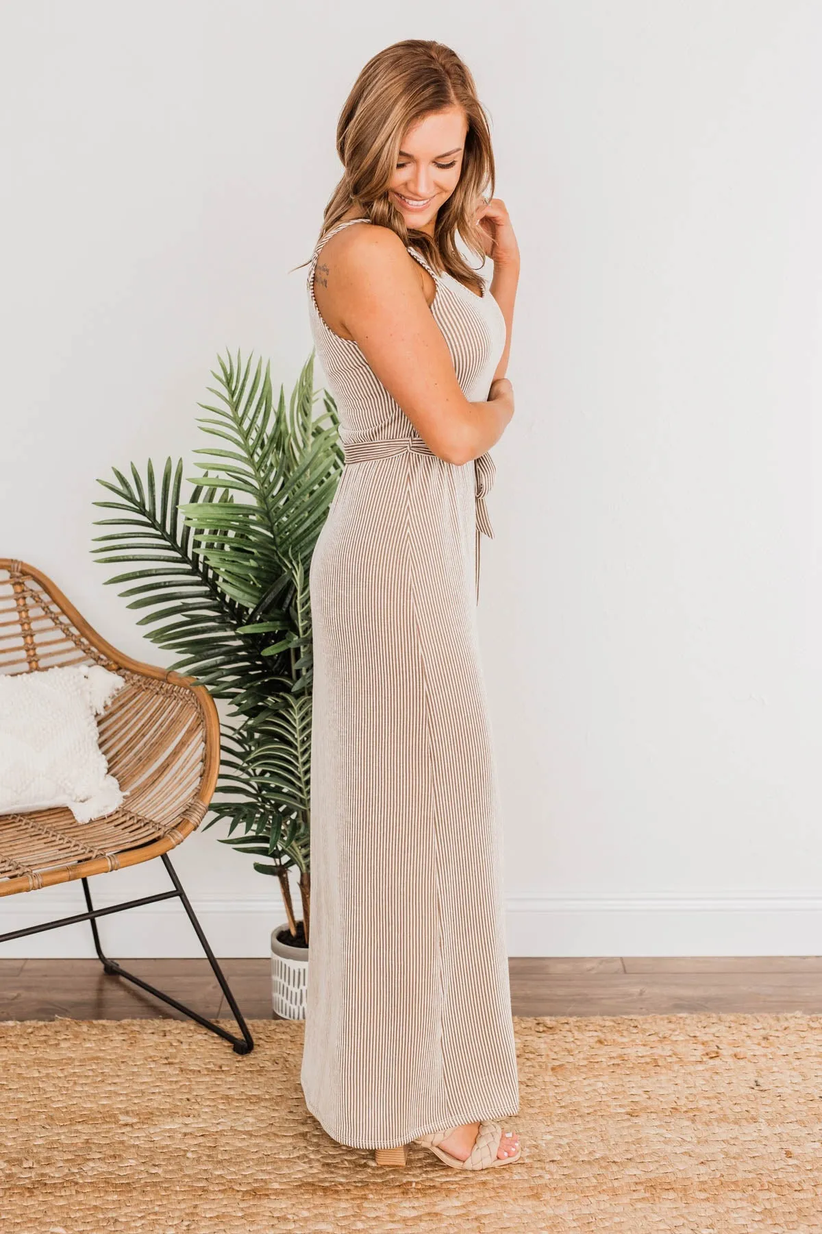Ocean Tides Stripe Maxi Dress- Taupe & Ivory