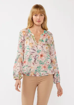 Pastel Floral Bohemian Blouse Cinch Hem and Buttons Dusty Peach