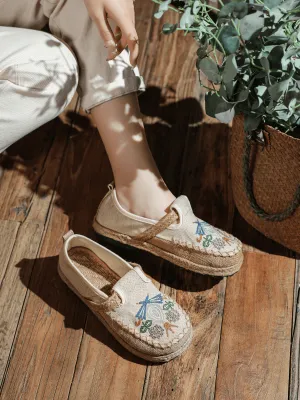 Pattern Embroidered Linen Espadrille Loafer - Beige
