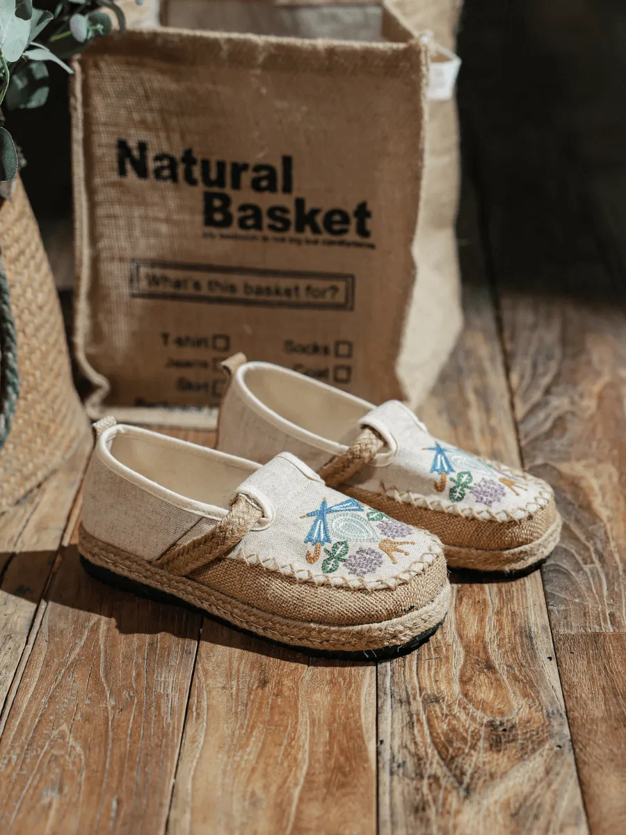 Pattern Embroidered Linen Espadrille Loafer - Beige