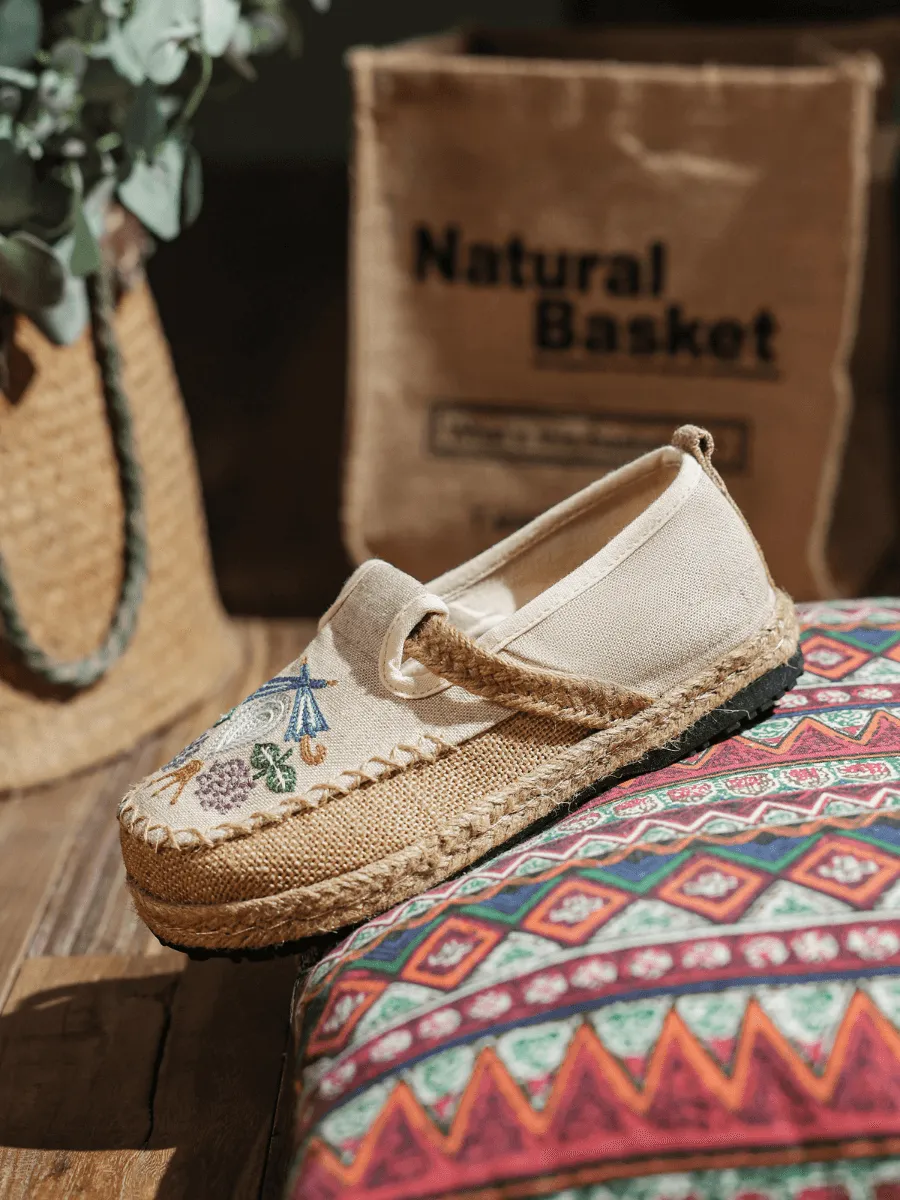 Pattern Embroidered Linen Espadrille Loafer - Beige