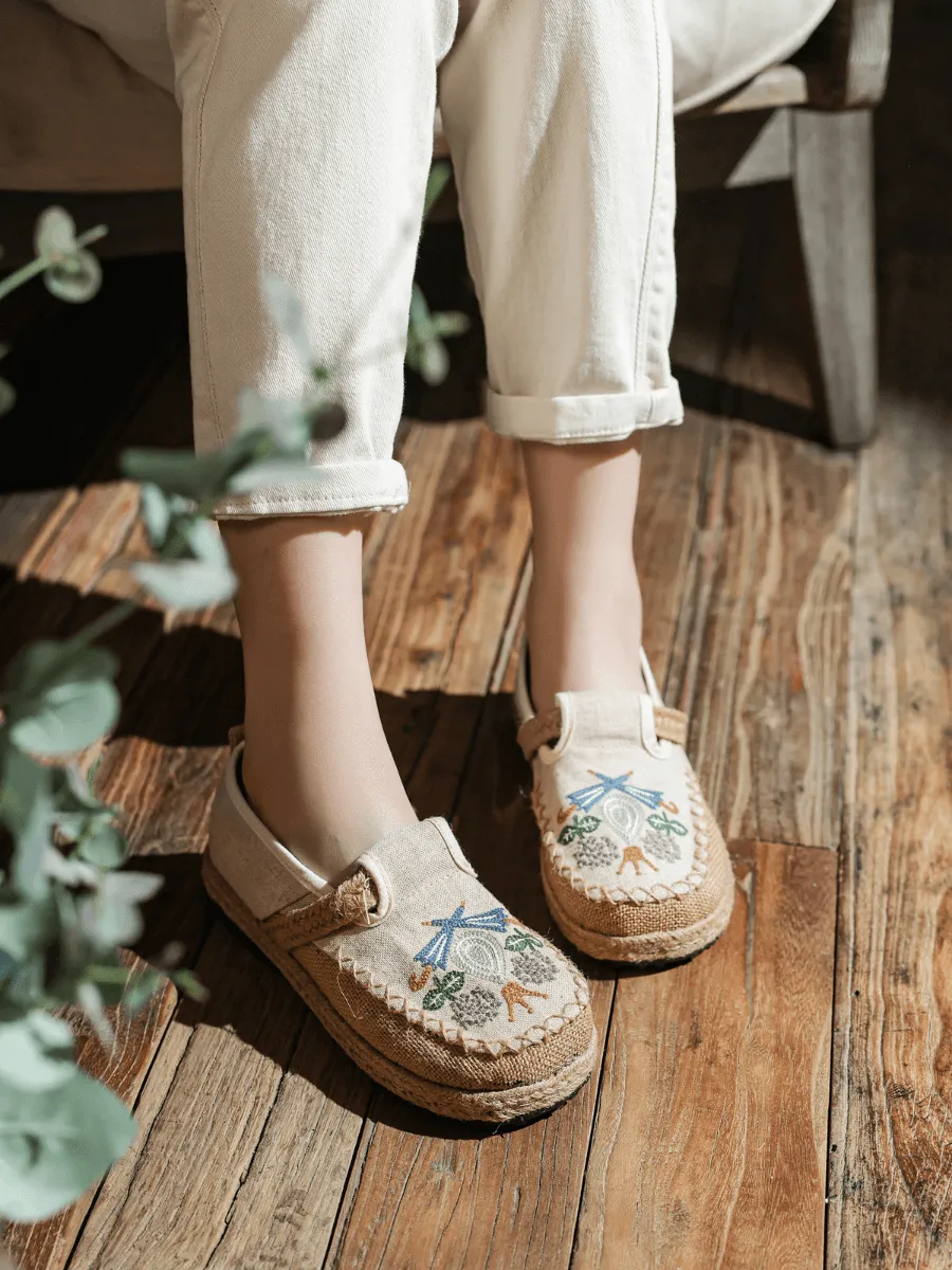 Pattern Embroidered Linen Espadrille Loafer - Beige