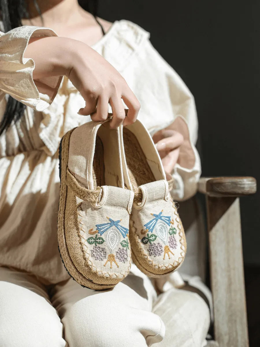 Pattern Embroidered Linen Espadrille Loafer - Beige