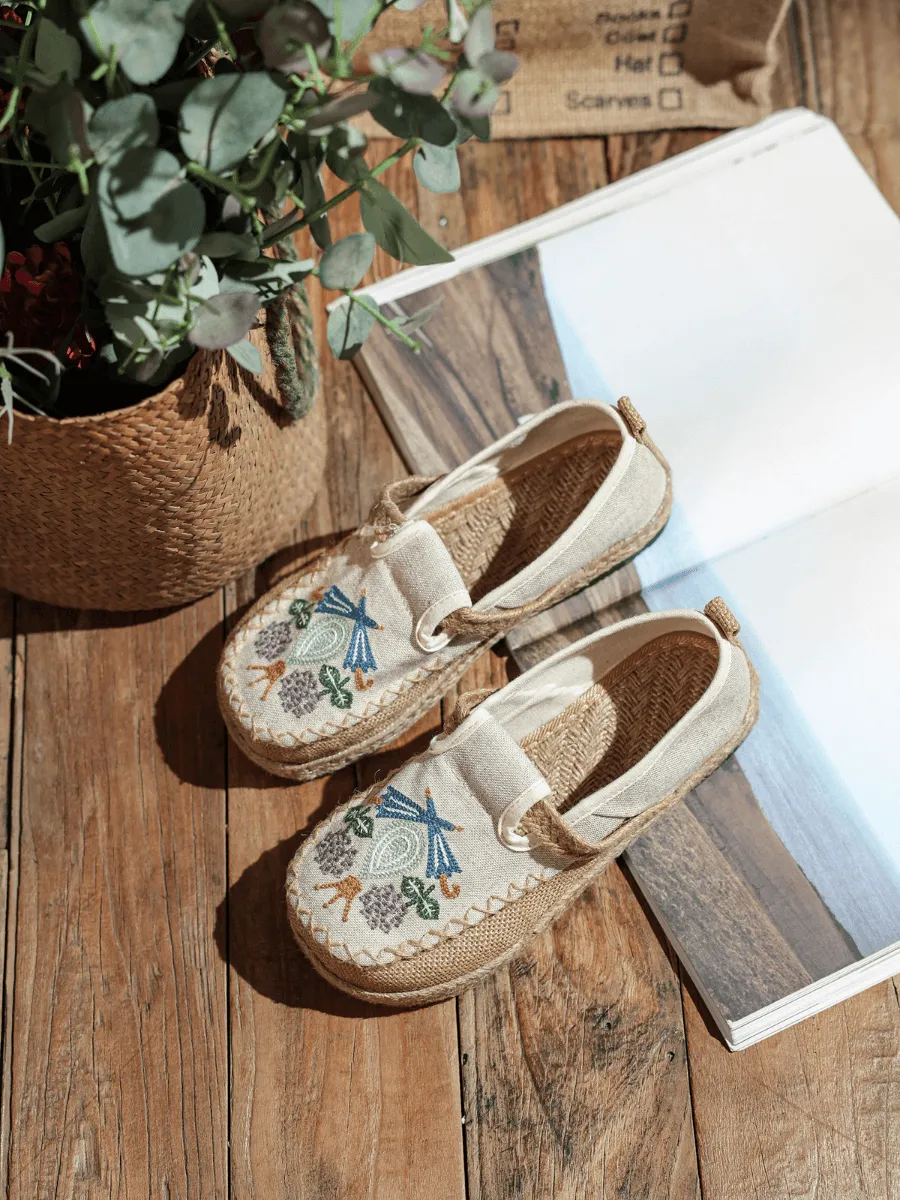 Pattern Embroidered Linen Espadrille Loafer - Beige