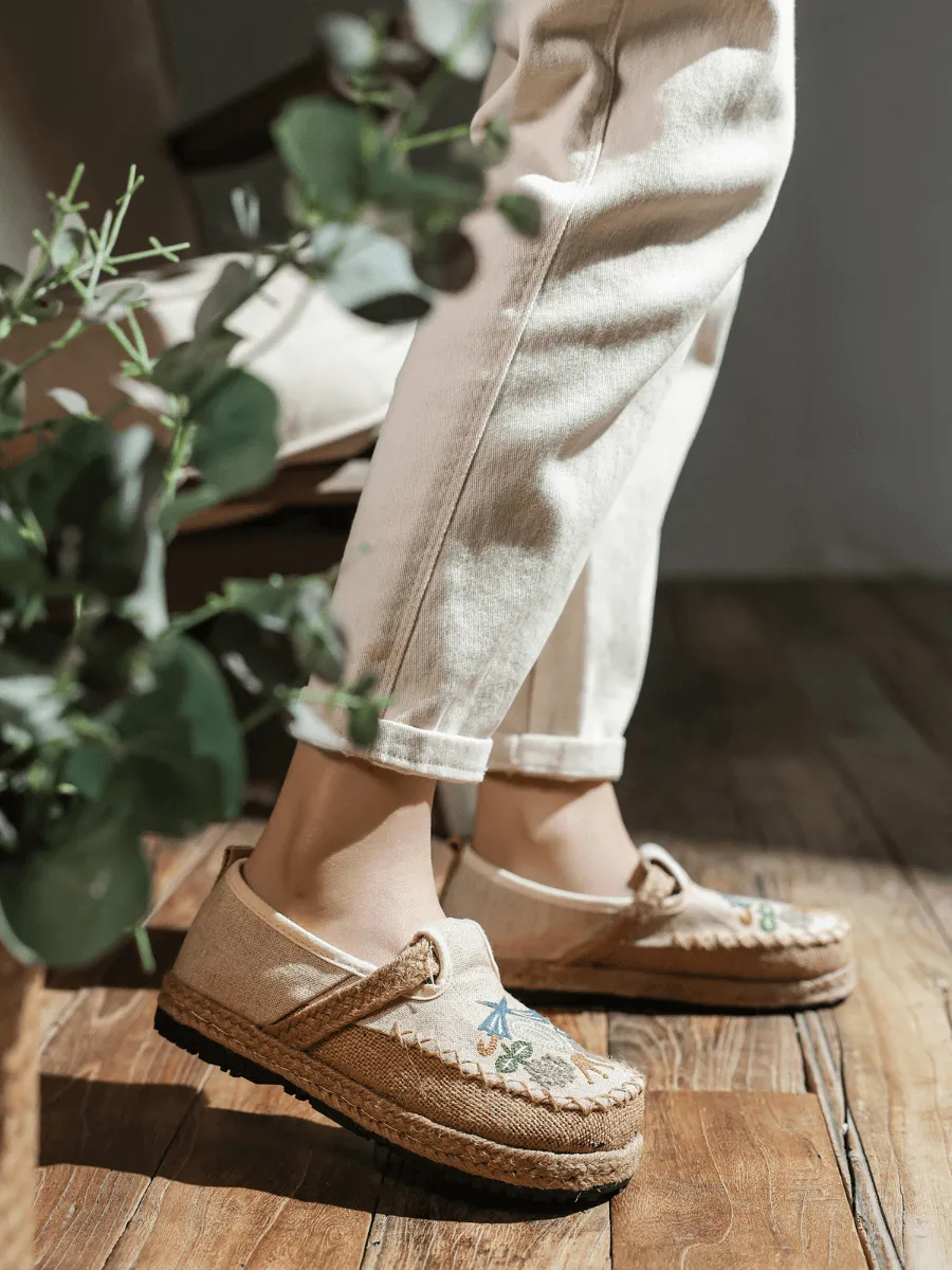 Pattern Embroidered Linen Espadrille Loafer - Beige