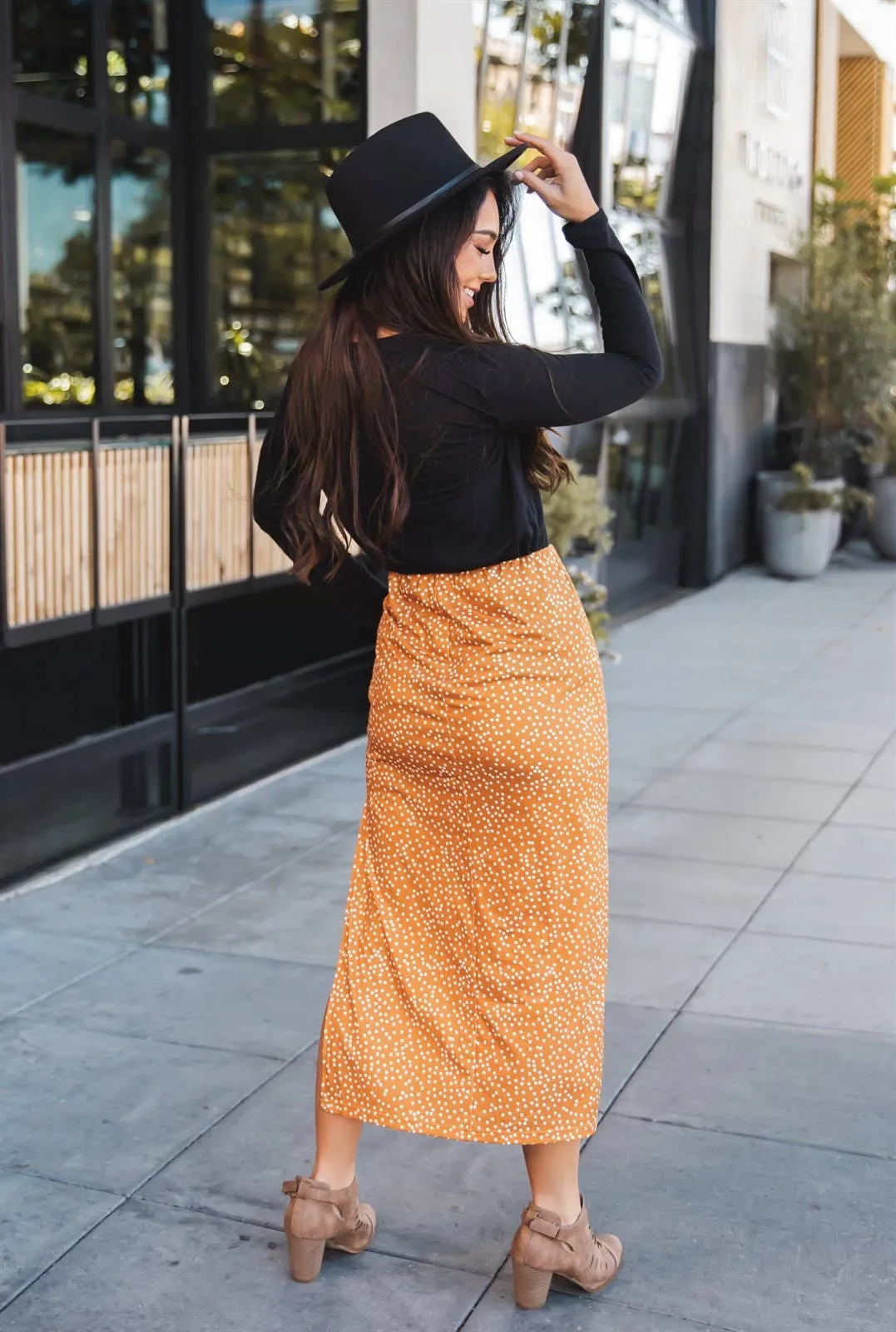 Polly Side Slit Midi Skirt: Dot Orange