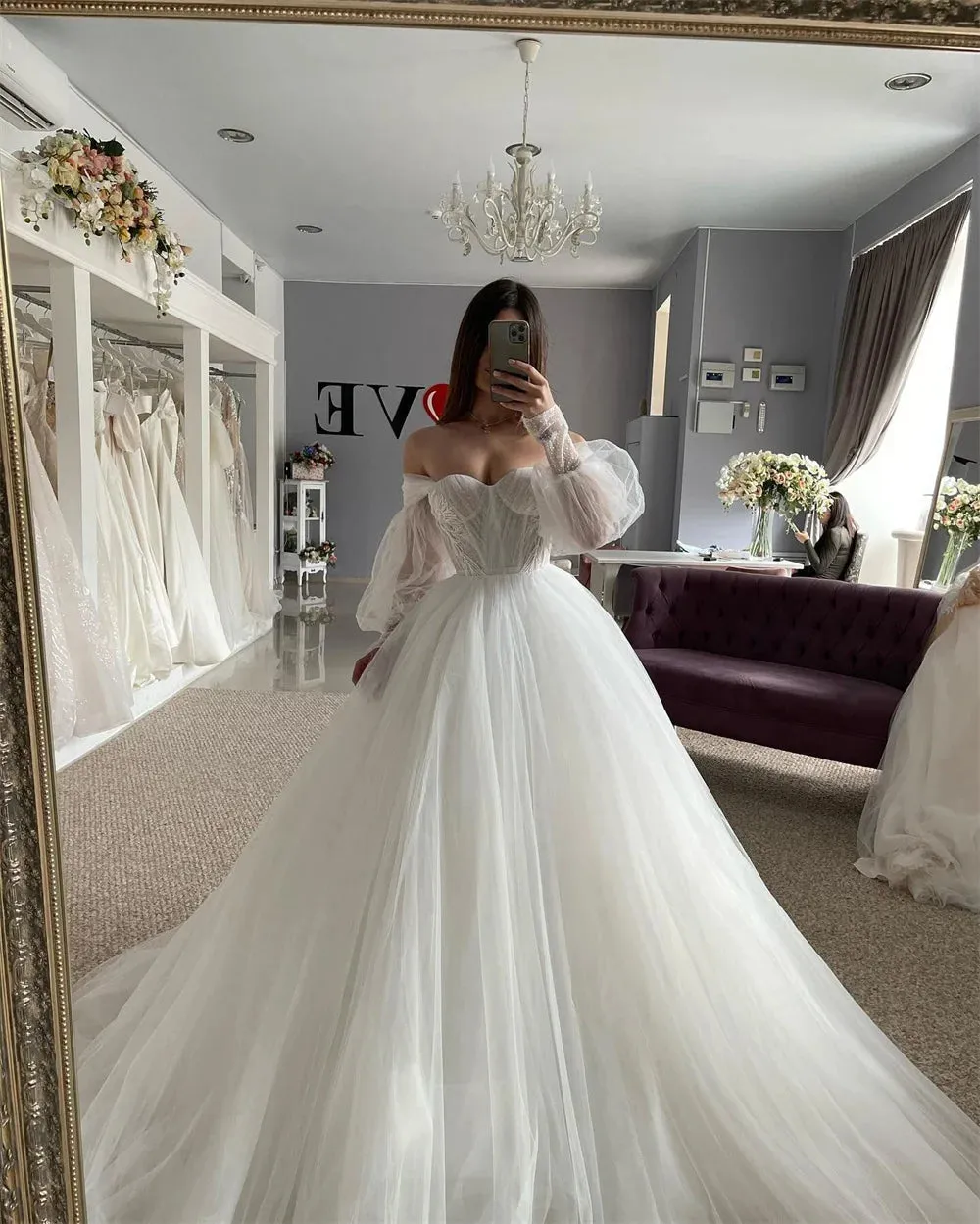 Princess Wedding Dresses Puff Long Sleeve Bride Dress Ball Gown