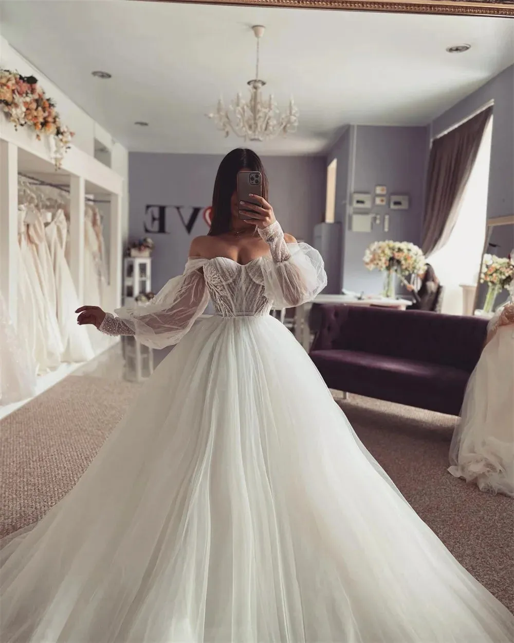 Princess Wedding Dresses Puff Long Sleeve Bride Dress Ball Gown