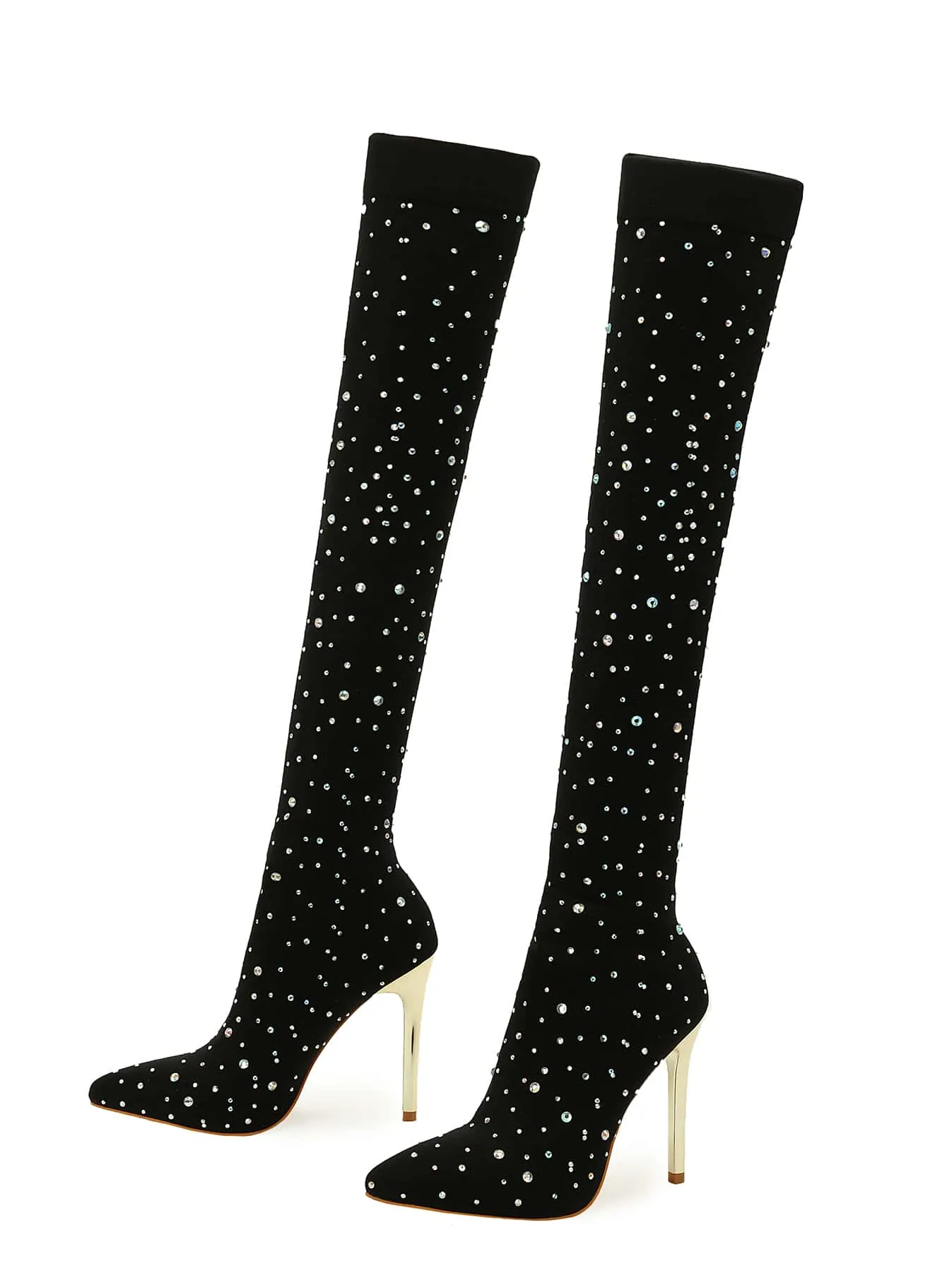 Rhinestone Decor Point Toe Stiletto Heeled Sock Boots - Black - FD ⚡
