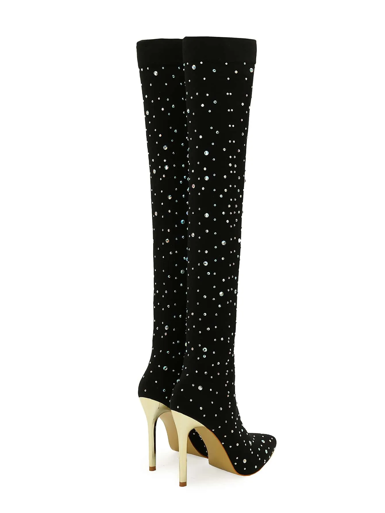 Rhinestone Decor Point Toe Stiletto Heeled Sock Boots - Black - FD ⚡