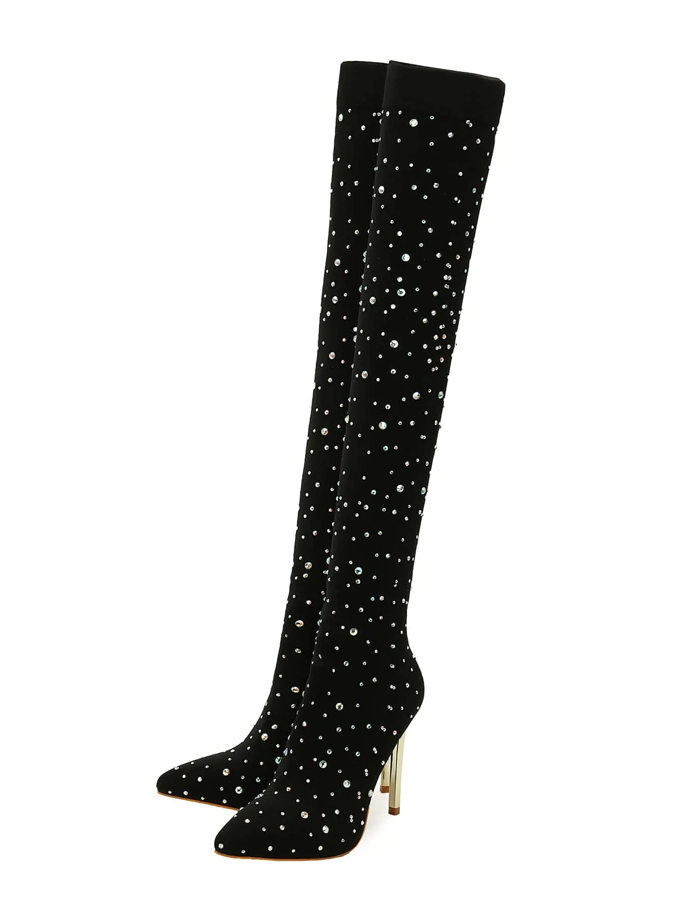 Rhinestone Decor Point Toe Stiletto Heeled Sock Boots - Black - FD ⚡