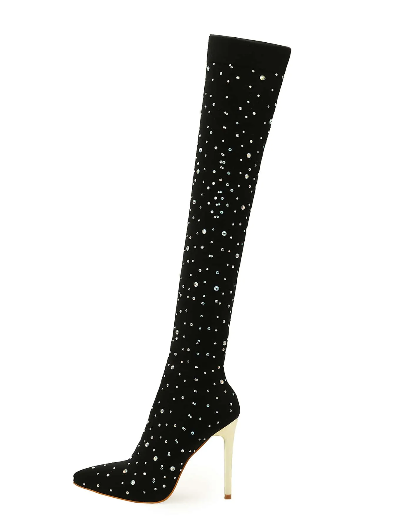 Rhinestone Decor Point Toe Stiletto Heeled Sock Boots - Black - FD ⚡