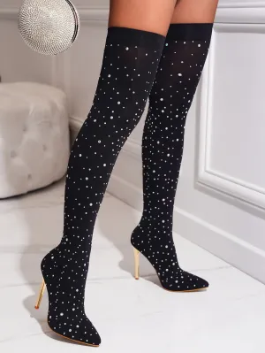 Rhinestone Decor Point Toe Stiletto Heeled Sock Boots - Black - FD ⚡